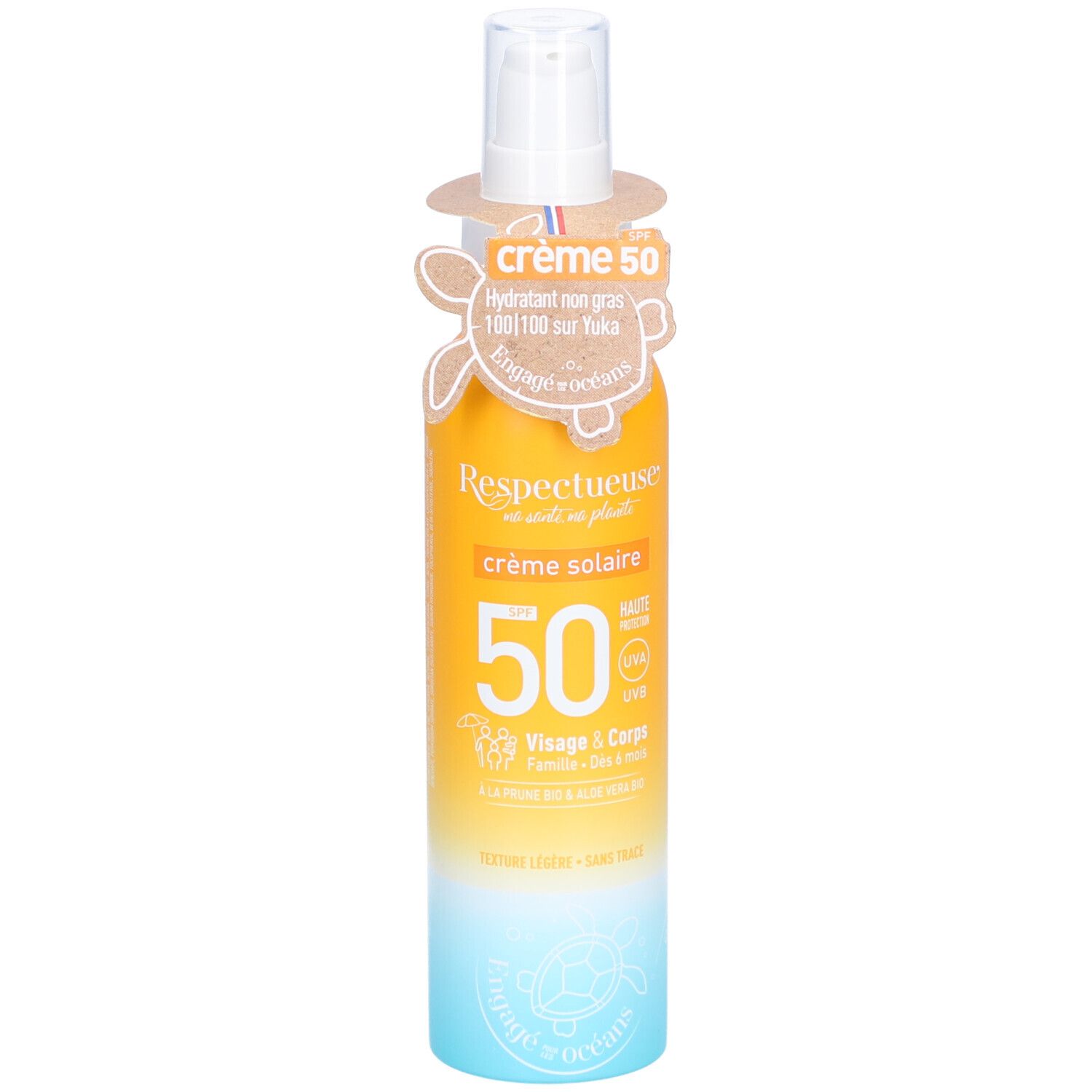 Zonnecrème fles met SPF 50, gele en blauwe kleurverloop. Met label 'Respectueuse'.