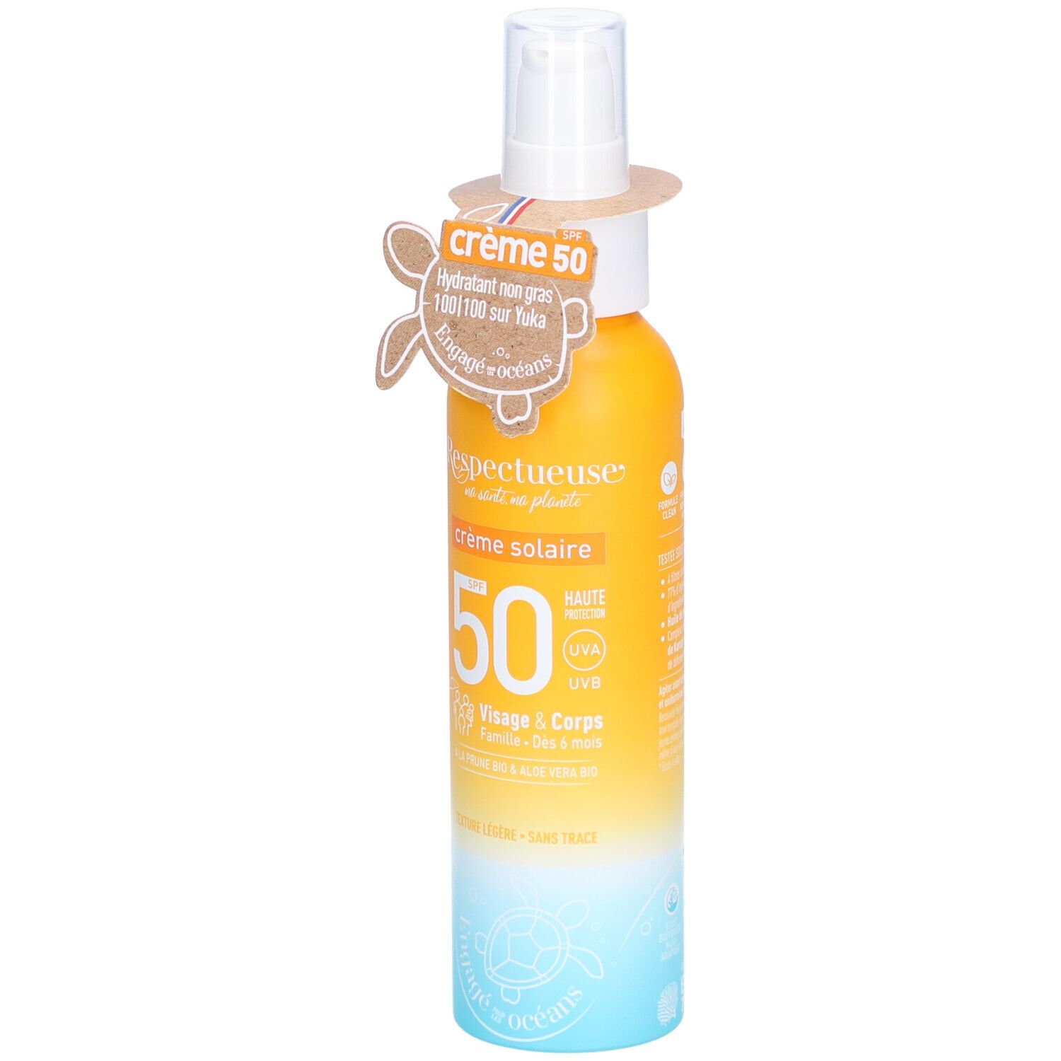 Zonnecrème fles met SPF 50, gele en blauwe kleurverloop. Met label 'Respectueuse'.