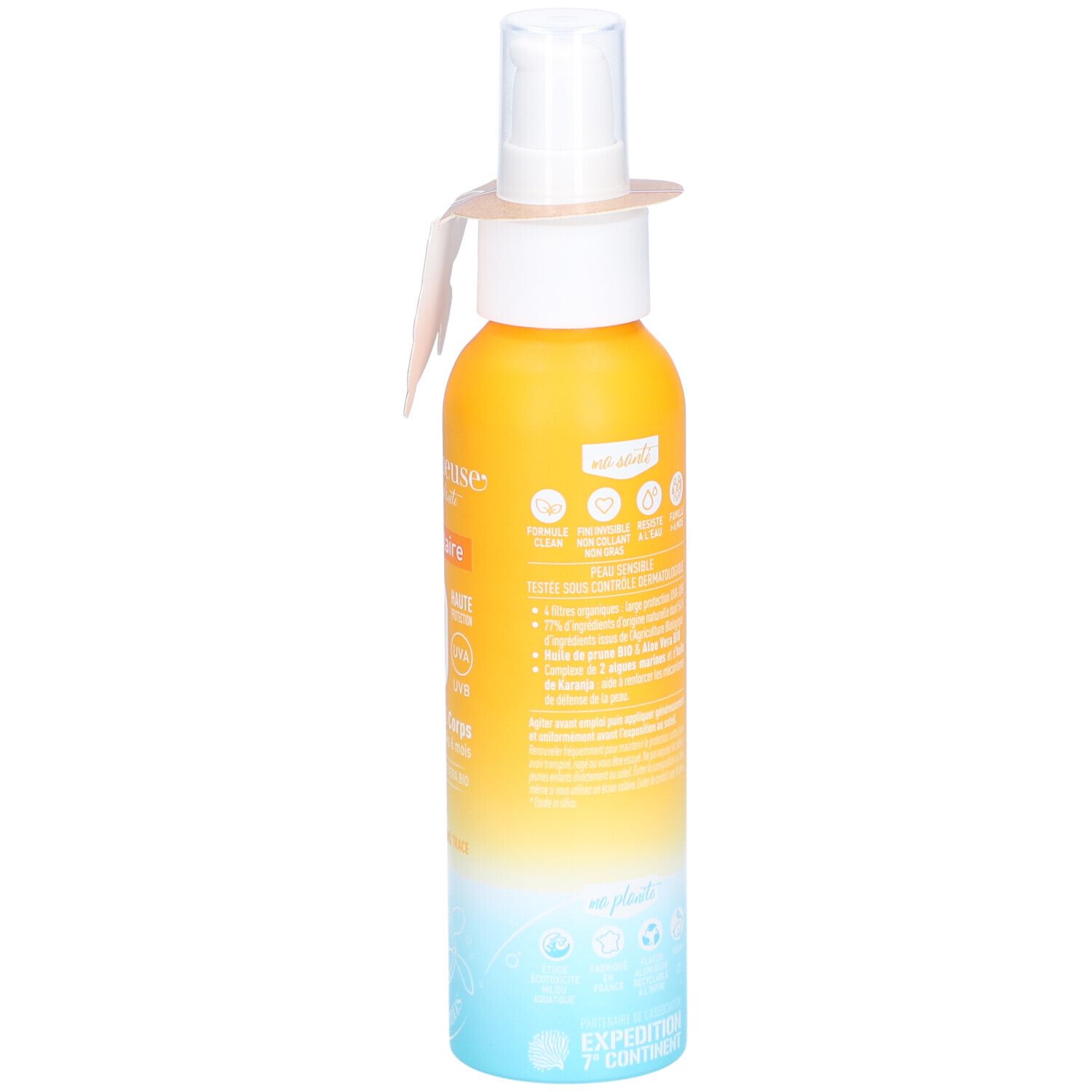 Zonnecrème fles met SPF 50, gele en blauwe kleurverloop. Achterkant met tekst.