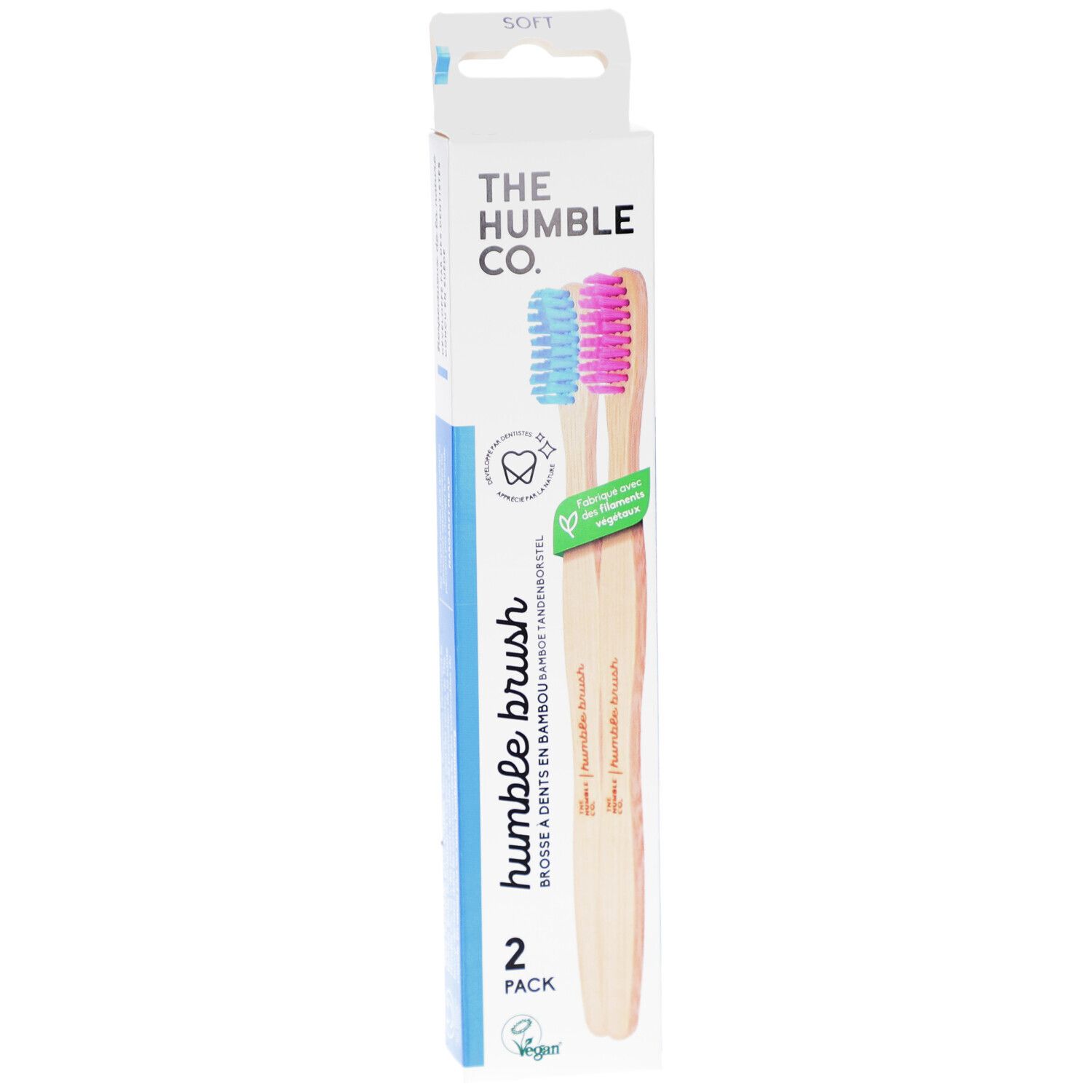 Paquet de brosses à dents. Deux brosses à dents avec poils bleus et roses. Marque : The Humble Co.