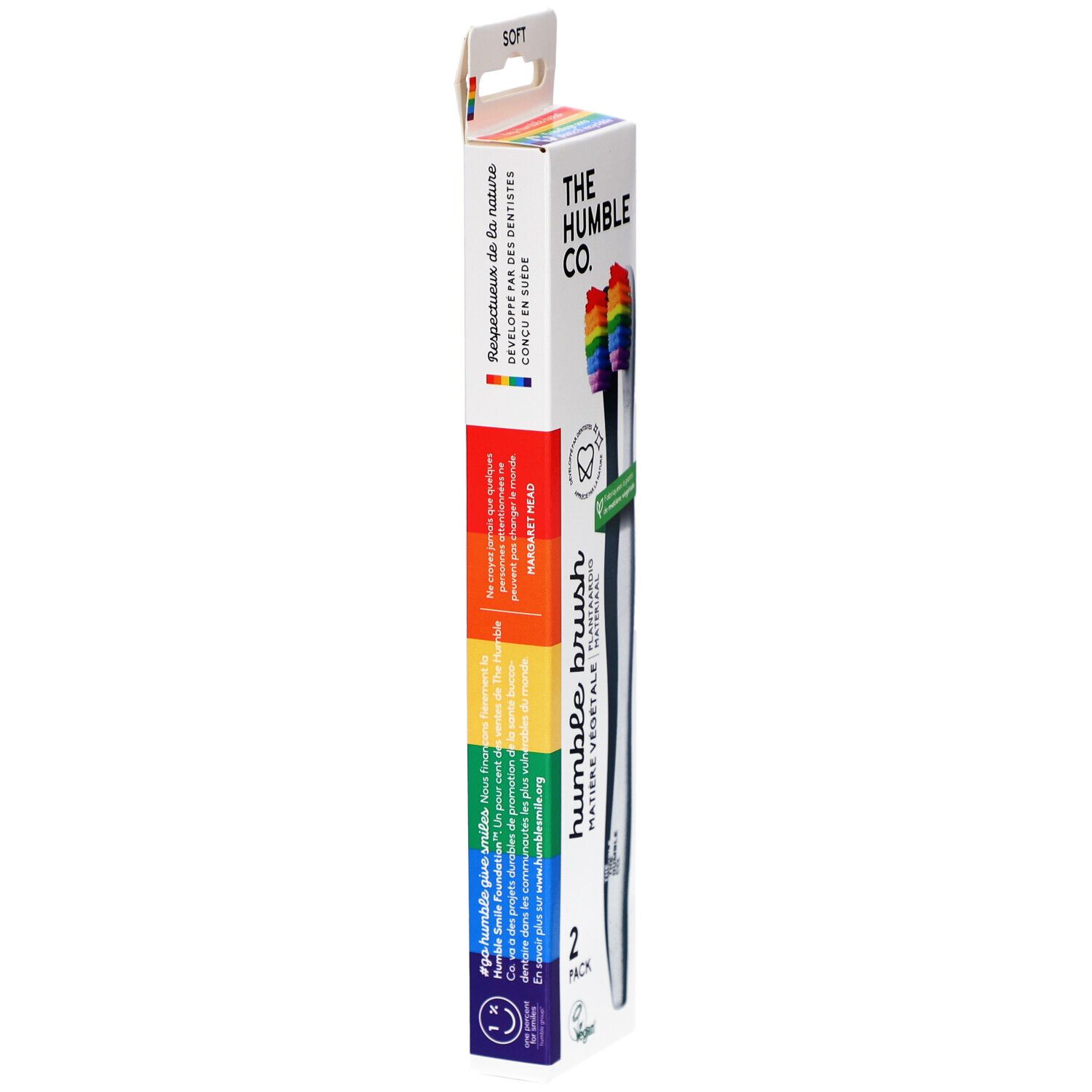 Côté de l'emballage de brosse à dents. Arc-en-ciel, texte : Humble brush, Matire Vgtale, 2 pièces.