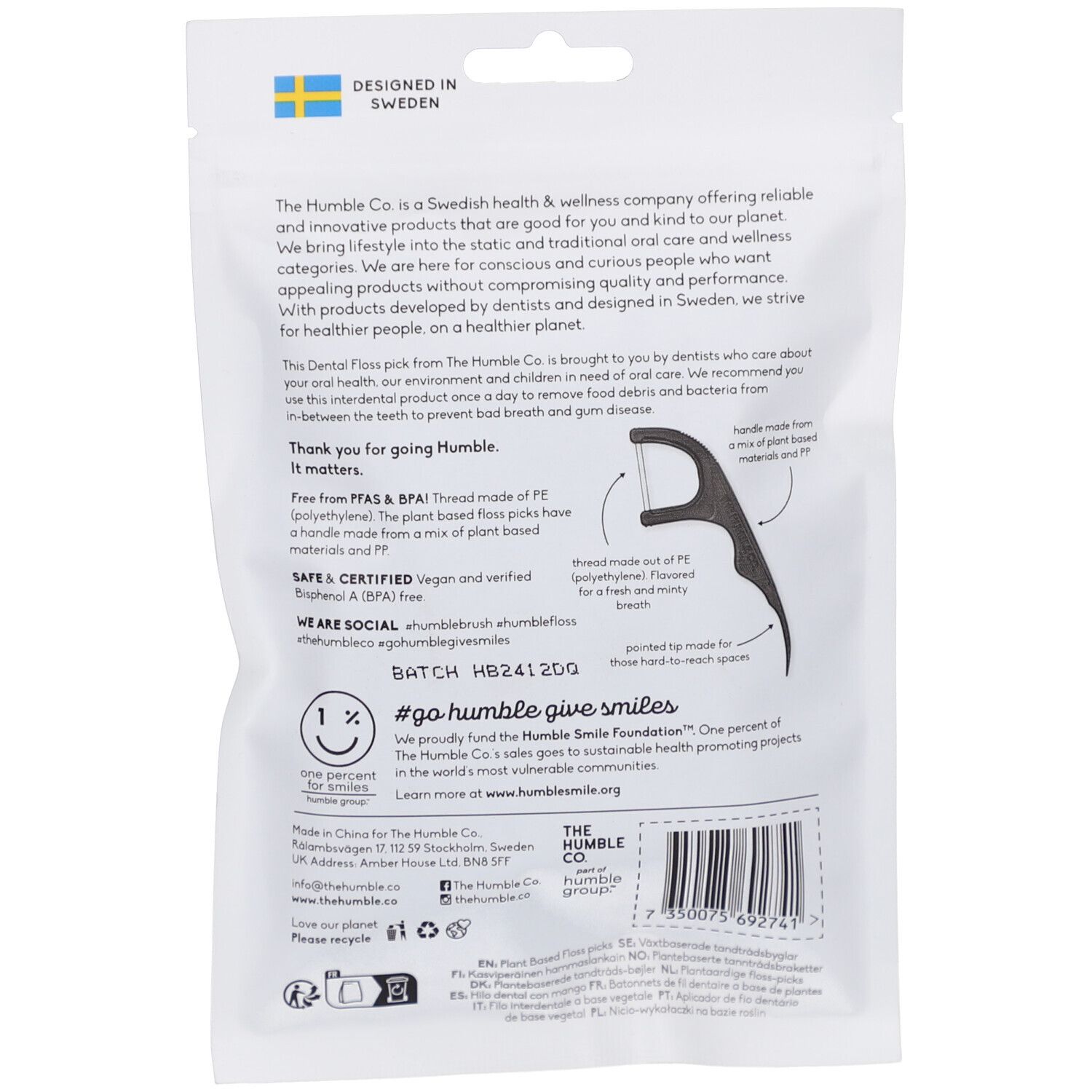 Achterkant van de witte verpakking. Tekst: THE HUMBLE CO., tandenstokers, vegan, gemaakt van plantaardige materialen.