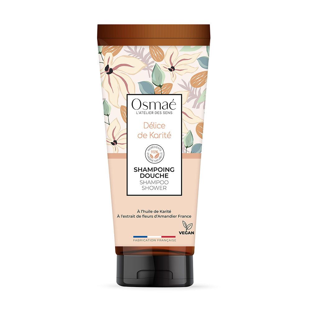 Tube OSMAE Shampoing Douche Délice de Karité. Beige-bruin design met bloemenpatroon. Zwarte dop.