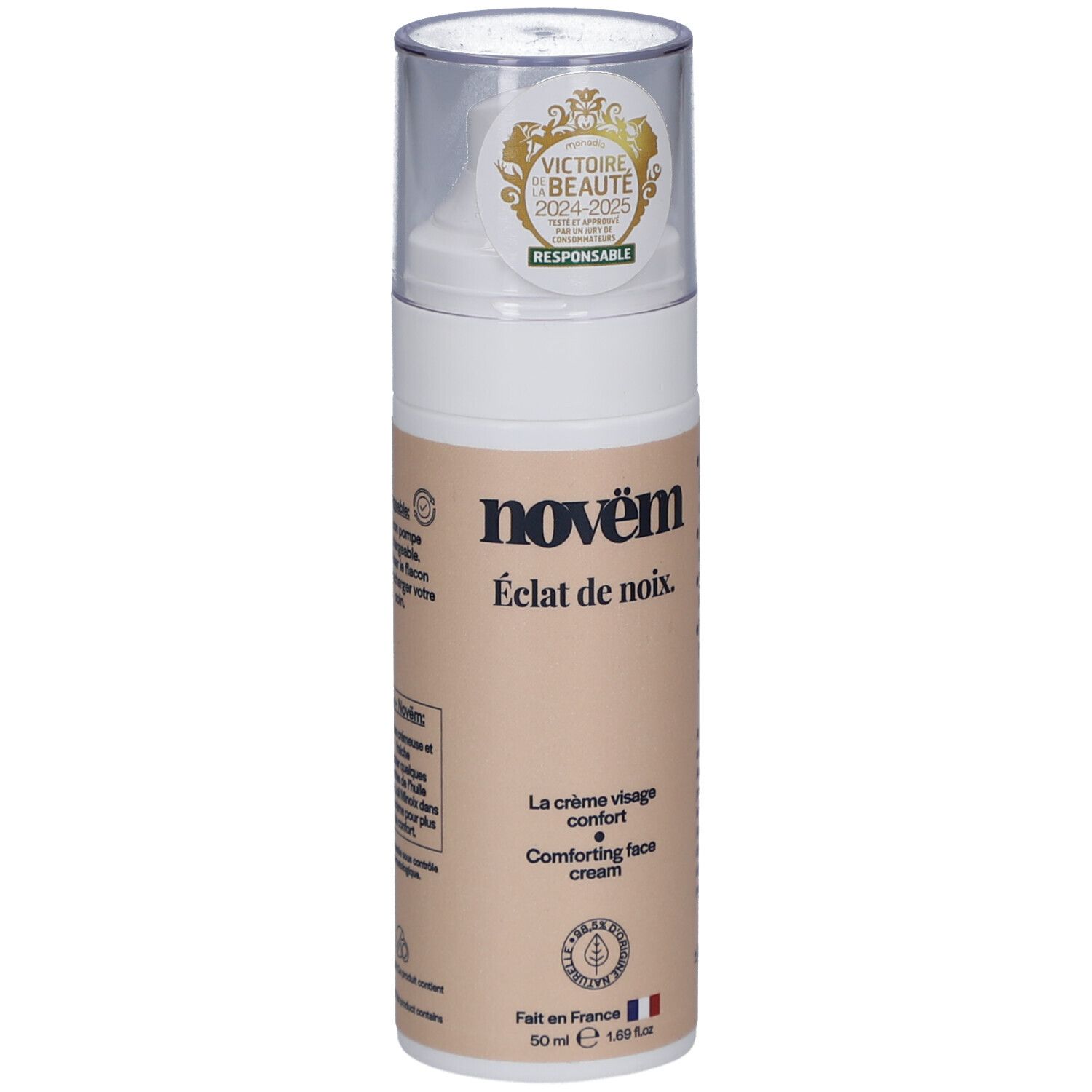 Crèmefles met productnaam en onderscheidingen. Franse vlag en volume-aanduiding.