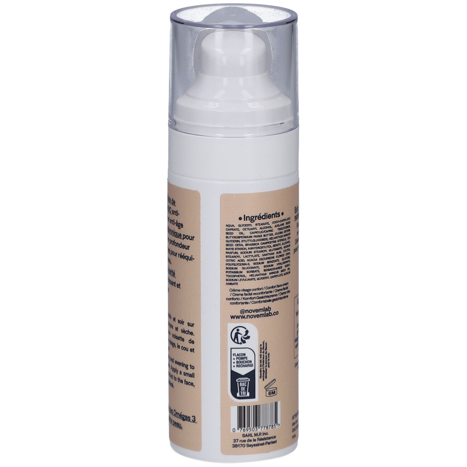 Achterkant van de crèmefles. Ingrediëntenlijst en recyclinglogo. Productnaam niet zichtbaar.