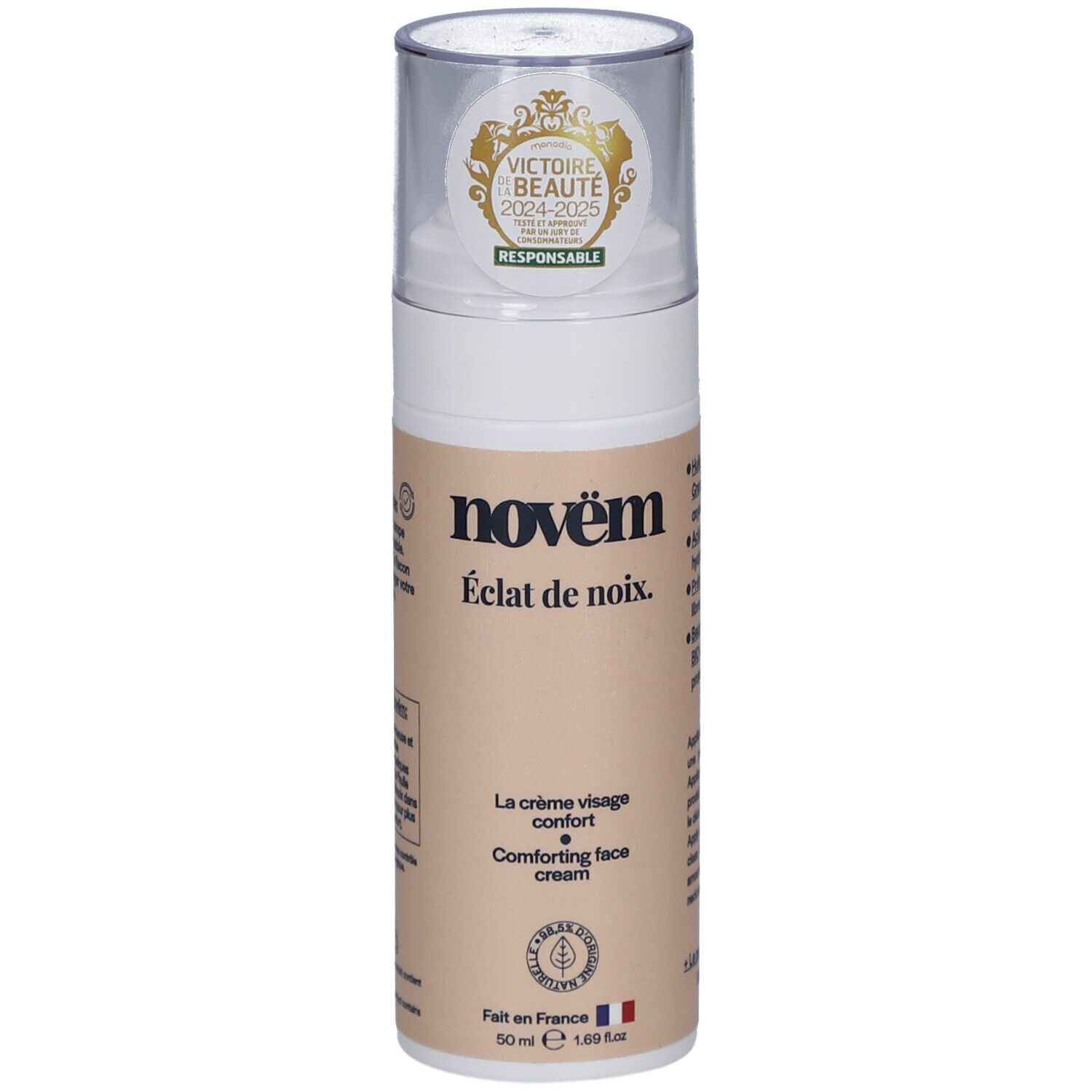 Crèmefles met productnaam en onderscheidingen. Ingrediënten en gebruiksaanwijzing.