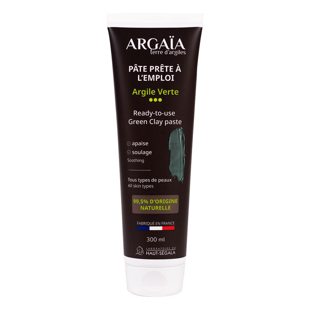 Tube groene kleipasta. Opschrift: Argaïa, Pâte prête à l'emploi, Argile Verte. 99,5% natuurlijke oorsprong. 300 ml.