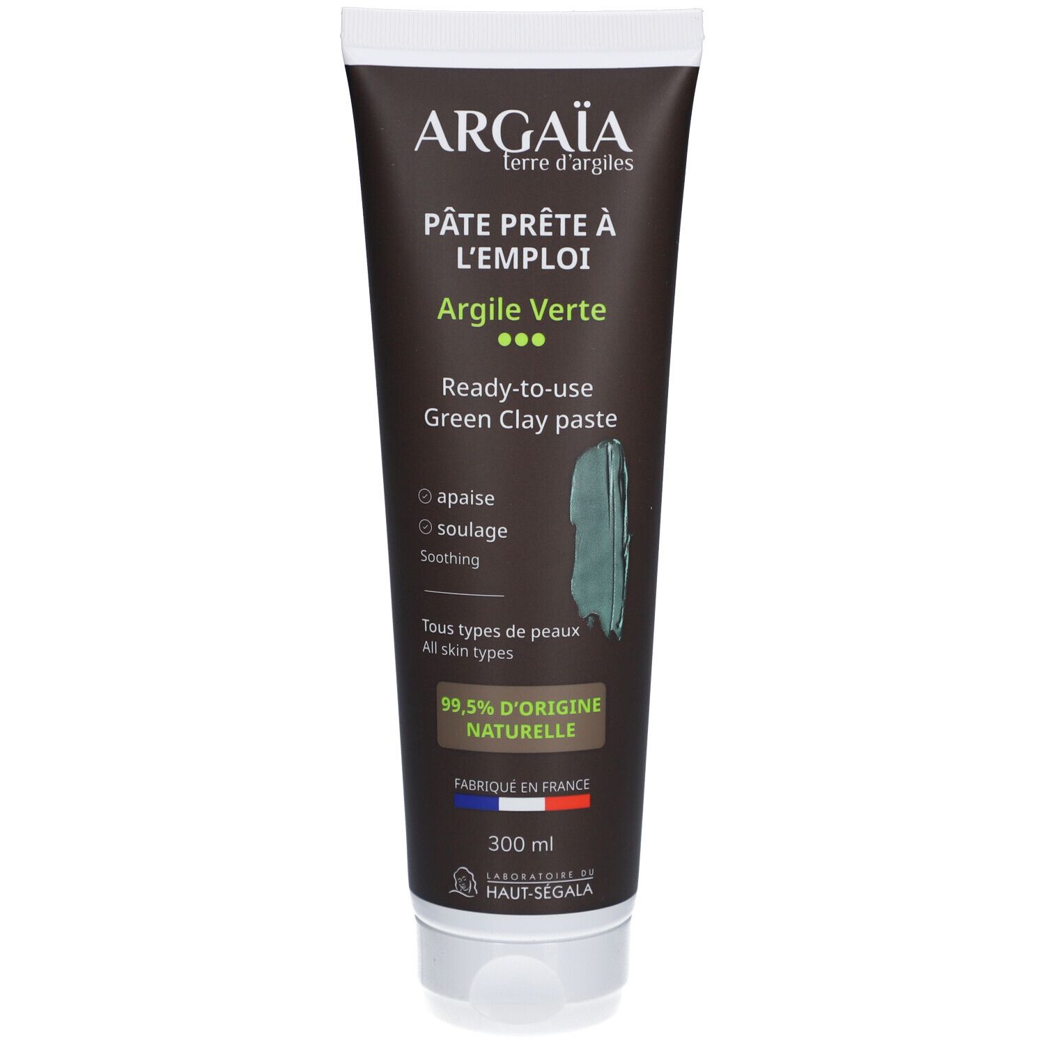 Tube groene kleipasta. Opschrift: Argaïa, Pâte prête à l'emploi, Argile Verte. 99,5% natuurlijke oorsprong. 300 ml.