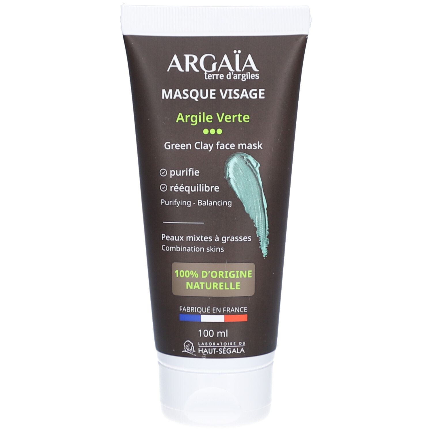 Groene kleimasker in tube. Merk: Argaia. Tekst: Masque Visage, Argile Verte, Green Clay face mask. 100% d'origine naturelle.