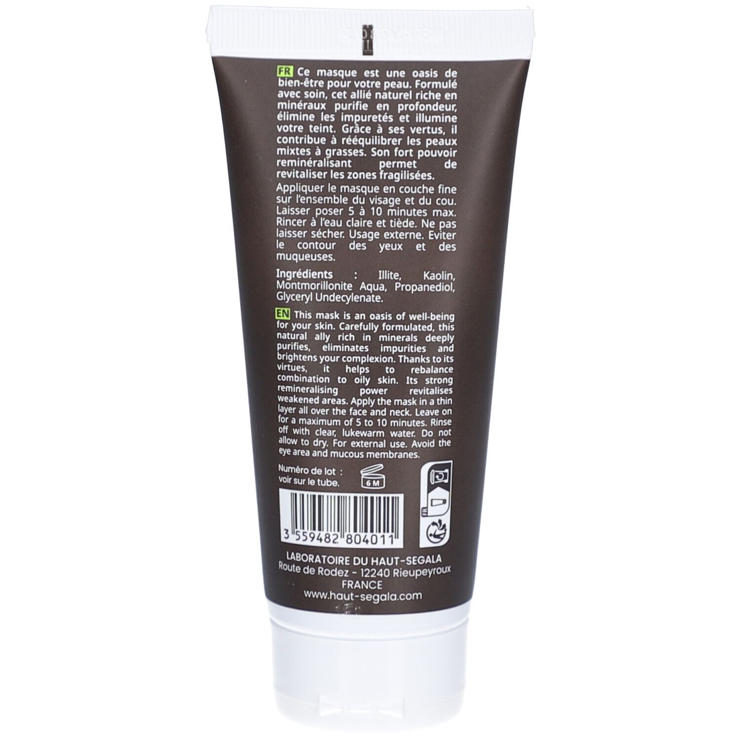Achterkant van de tube. Tekst: Ingrediënten, gebruiksaanwijzing, Laboratoire du Haut-Ségala. Barcode en recyclingsymbolen.