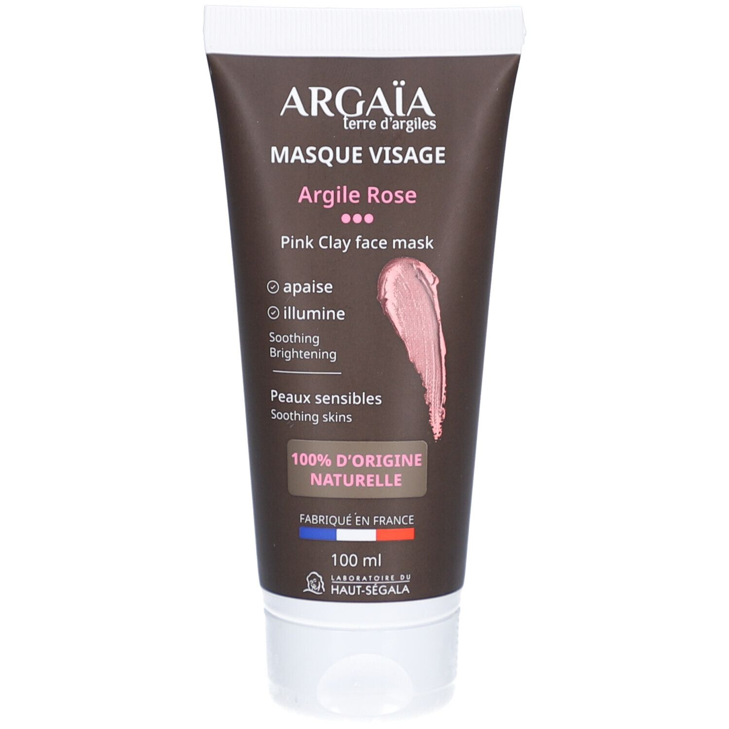 Tube roze kleimasker. Opschrift: Argaia, Masque Visage, Argile Rose. Roze massa. Tekst: apaise, illumine, Peaux sensibles.