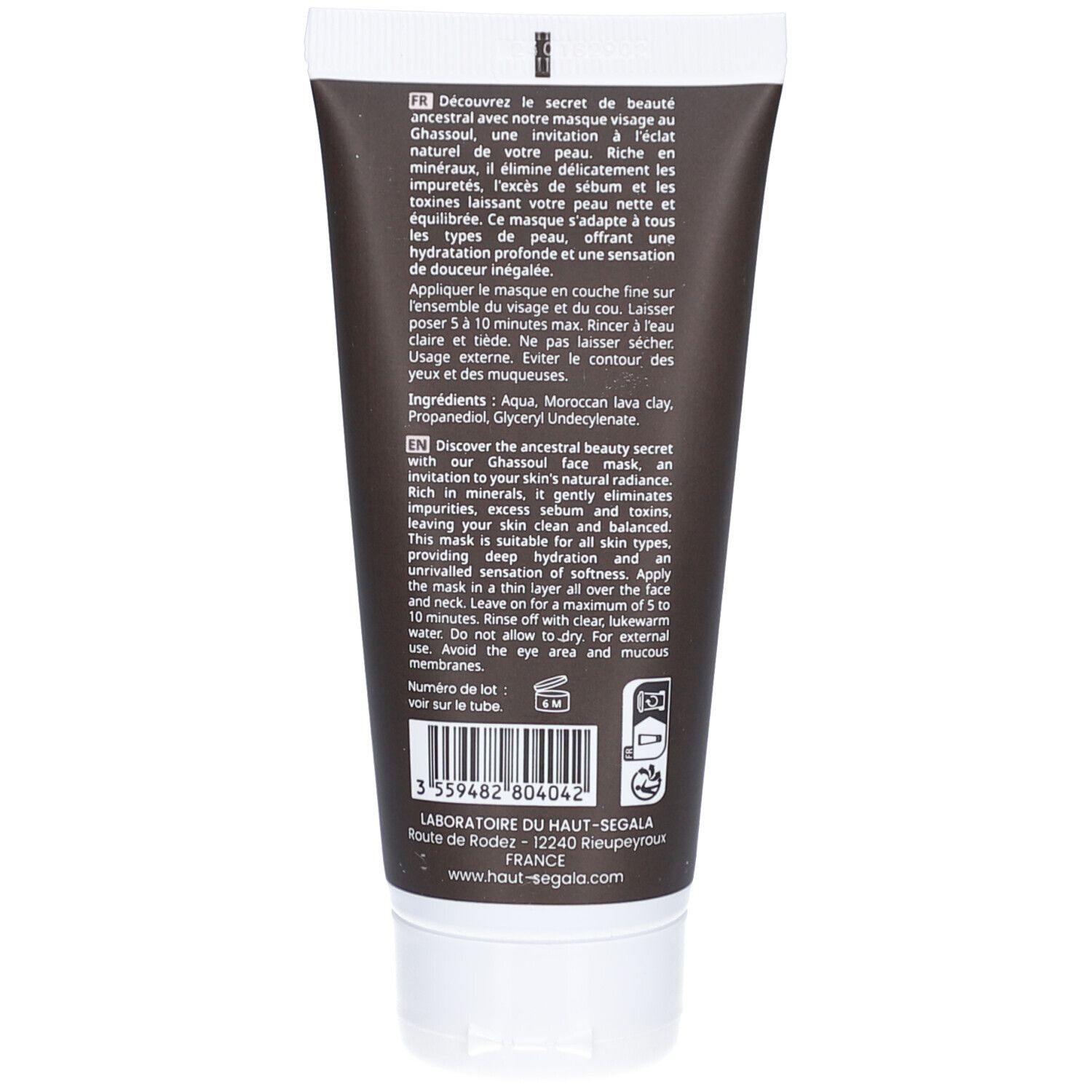 Achterkant van een tube gezichtsmasker. Tekst: Ingrediënten, gebruiksaanwijzing, lotnummer, fabrikantinfo. Websiteadres: haut-segala.com.