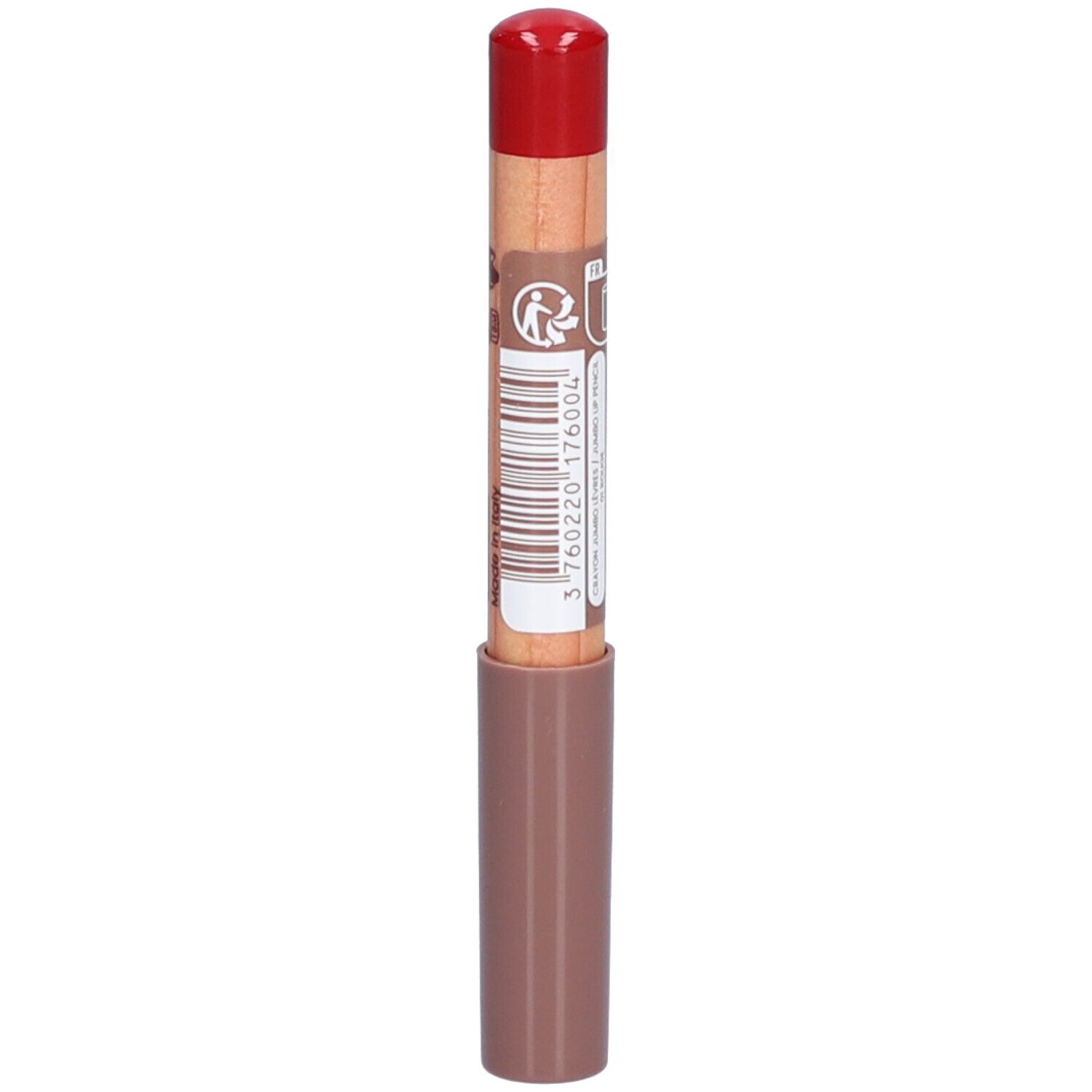 Lip potlood met rode dop. Opschrift op de stift.