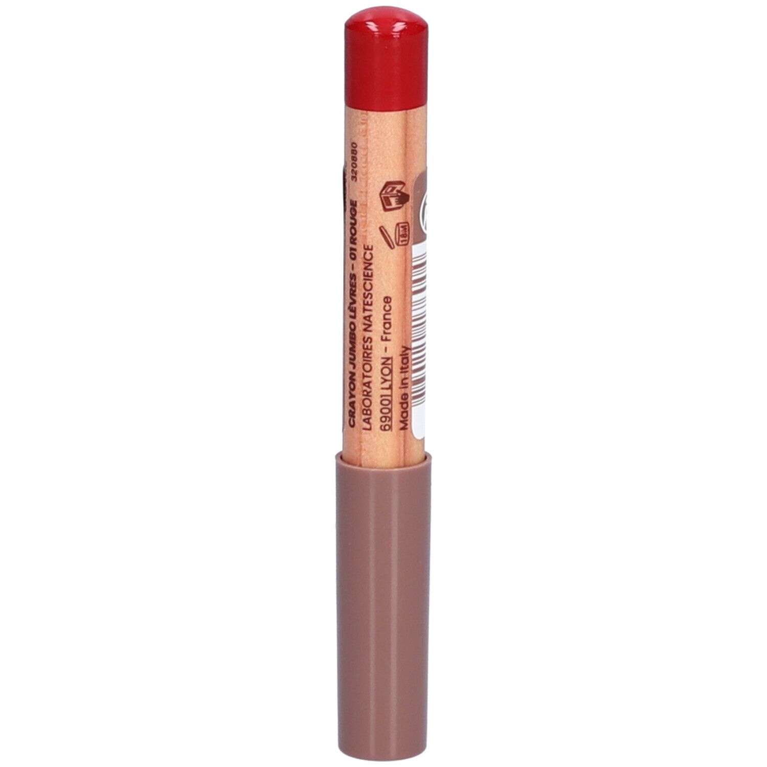 Lip potlood met rode dop. Opschrift op de stift.