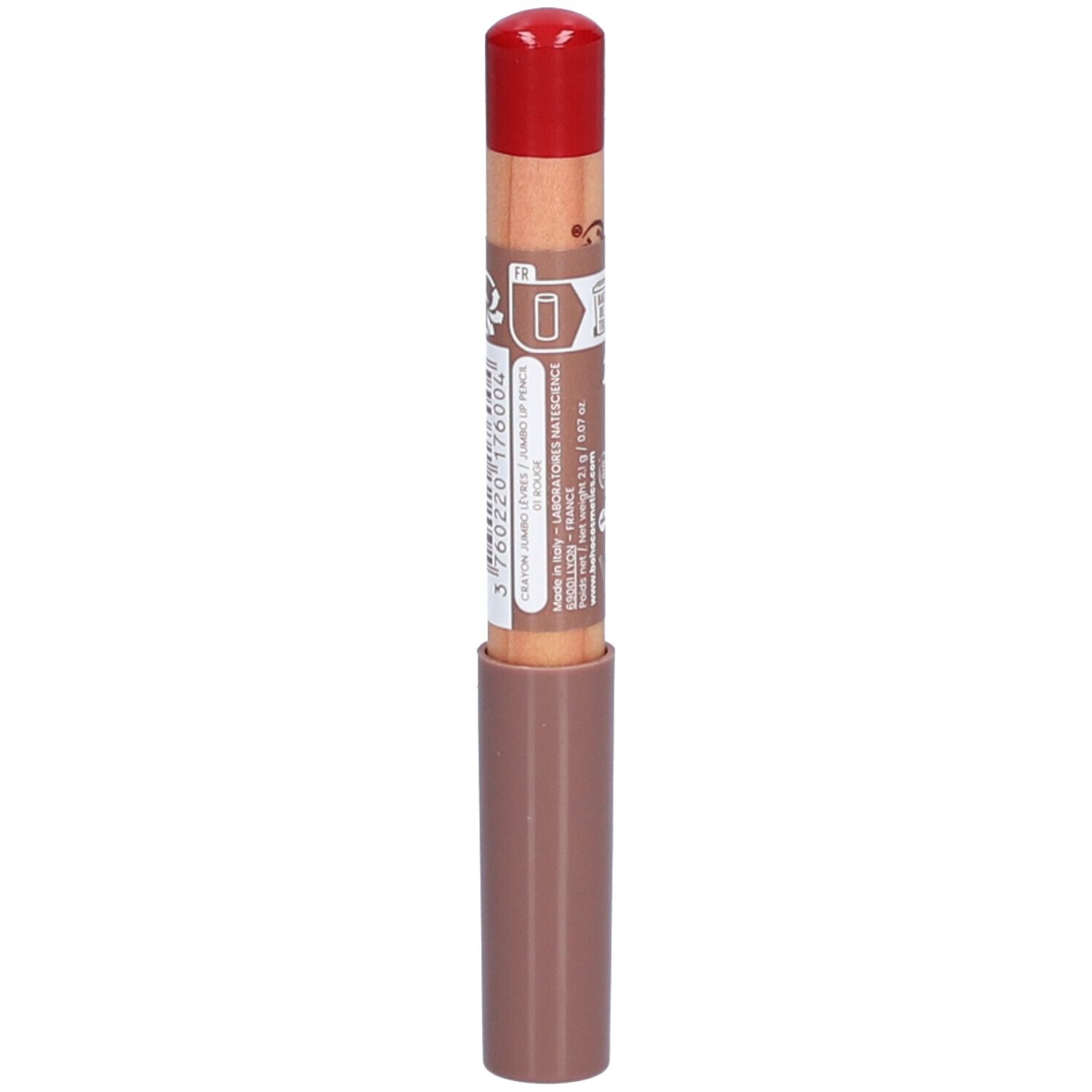 Lip potlood met rode dop. Opschrift op de stift.