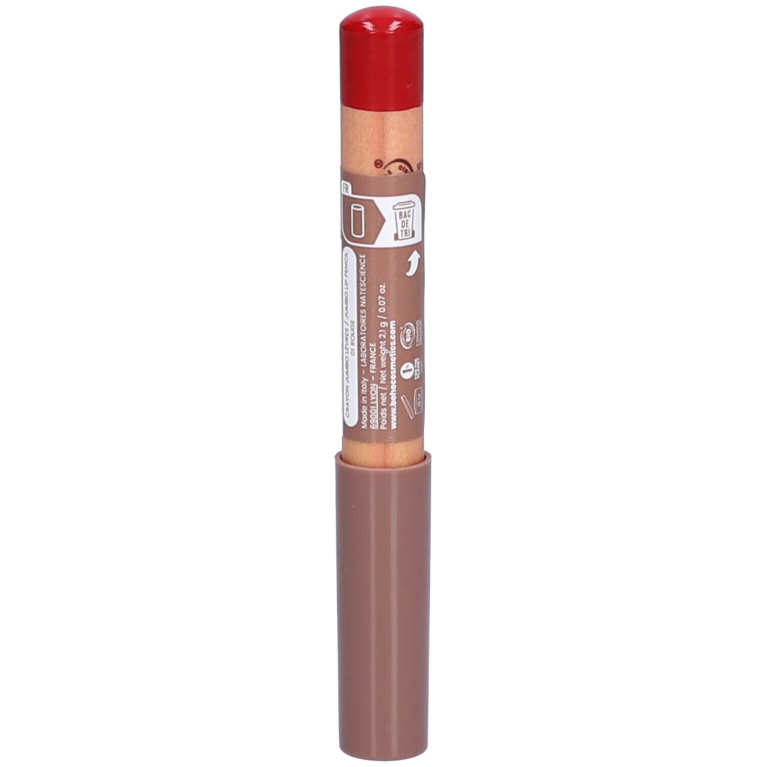Lip potlood met rode dop. Opschrift op de stift.