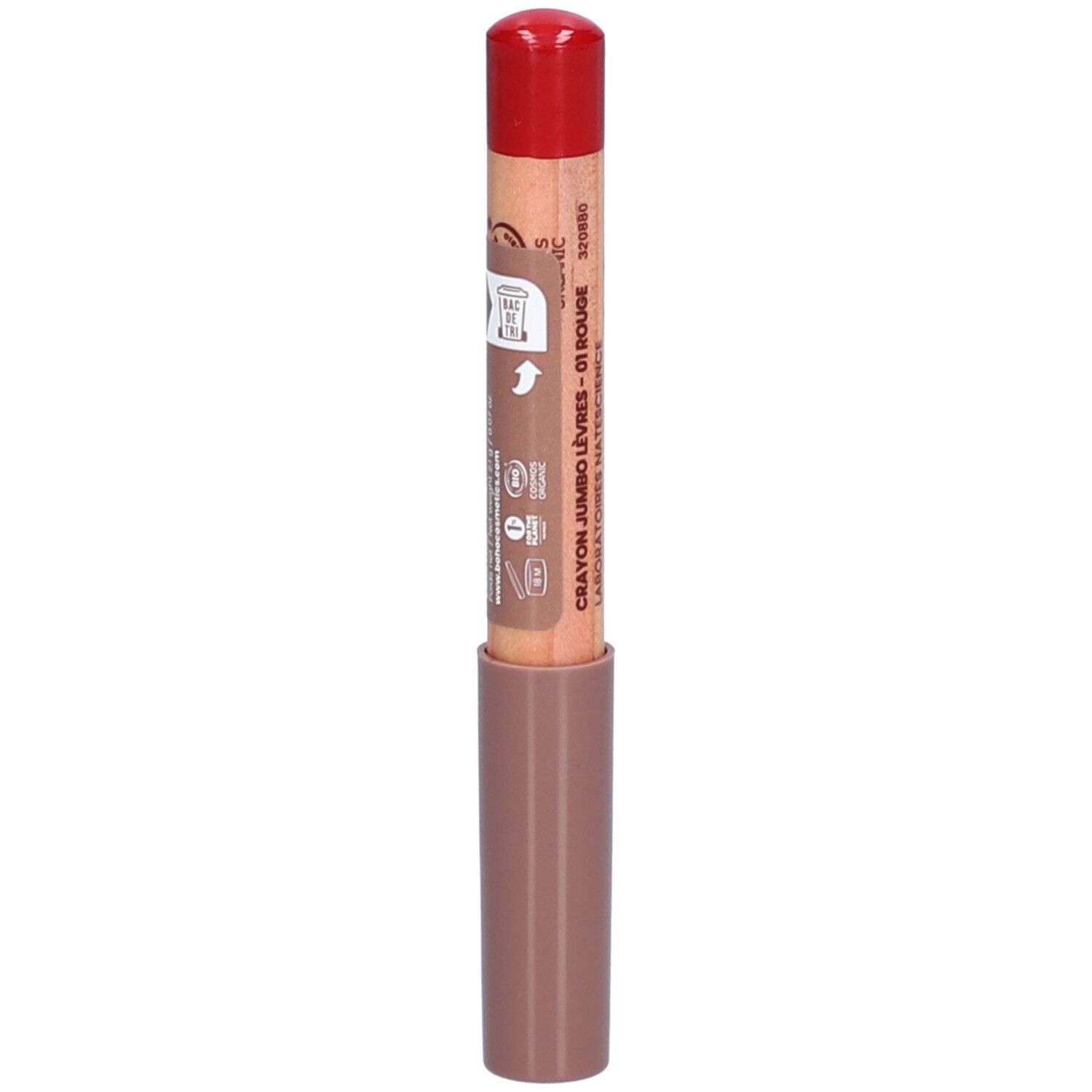 Lip potlood met rode dop. Opschrift op de stift.