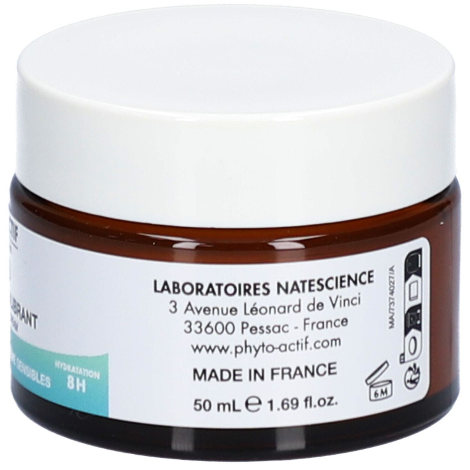 Crèmepot met witte deksel. Opschrift: LABORATOIRES NATESCIENCE, 3 Avenue Léonard de Vinci, 50 ml, Made in France.