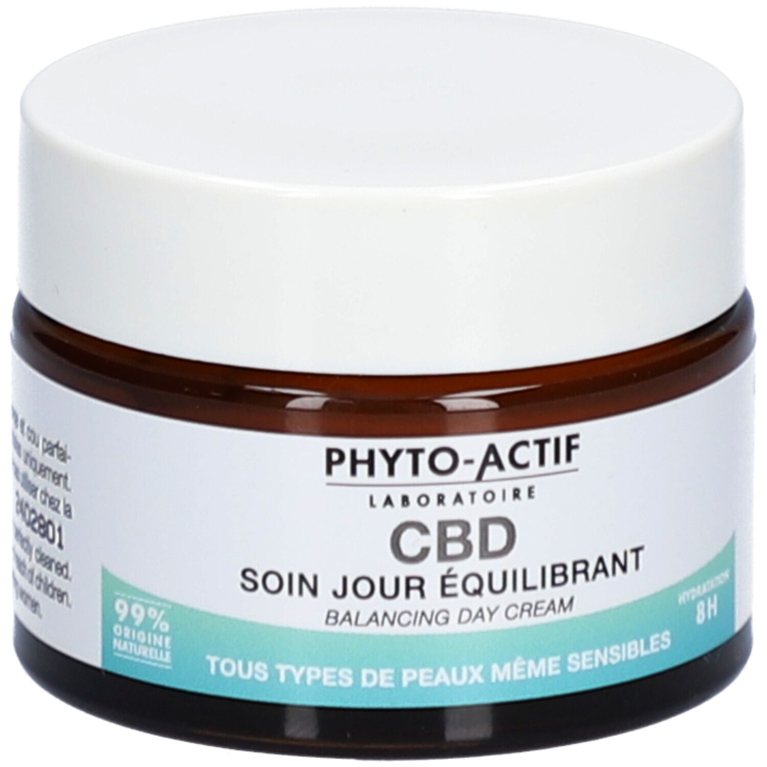 Crèmepot met witte deksel. Opschrift: PHYTO-ACTIF CBD Soin Jour Équilibrant, 99% origine naturelle, 8H Hydratation.