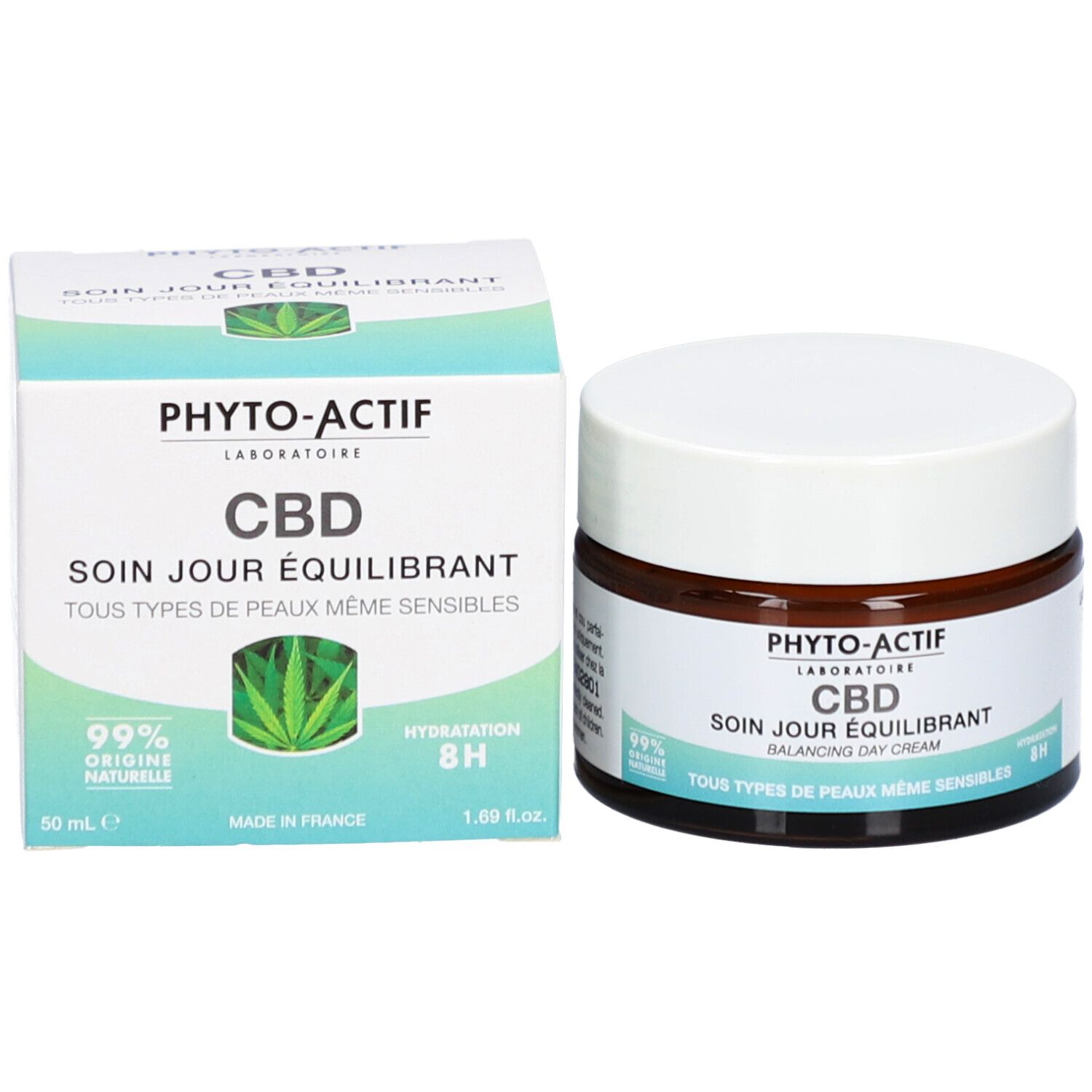 Crèmepot en doos. Opschrift: PHYTO-ACTIF CBD Soin Jour Équilibrant, 99% origine naturelle, 50 ml, 1.69 fl.oz.
