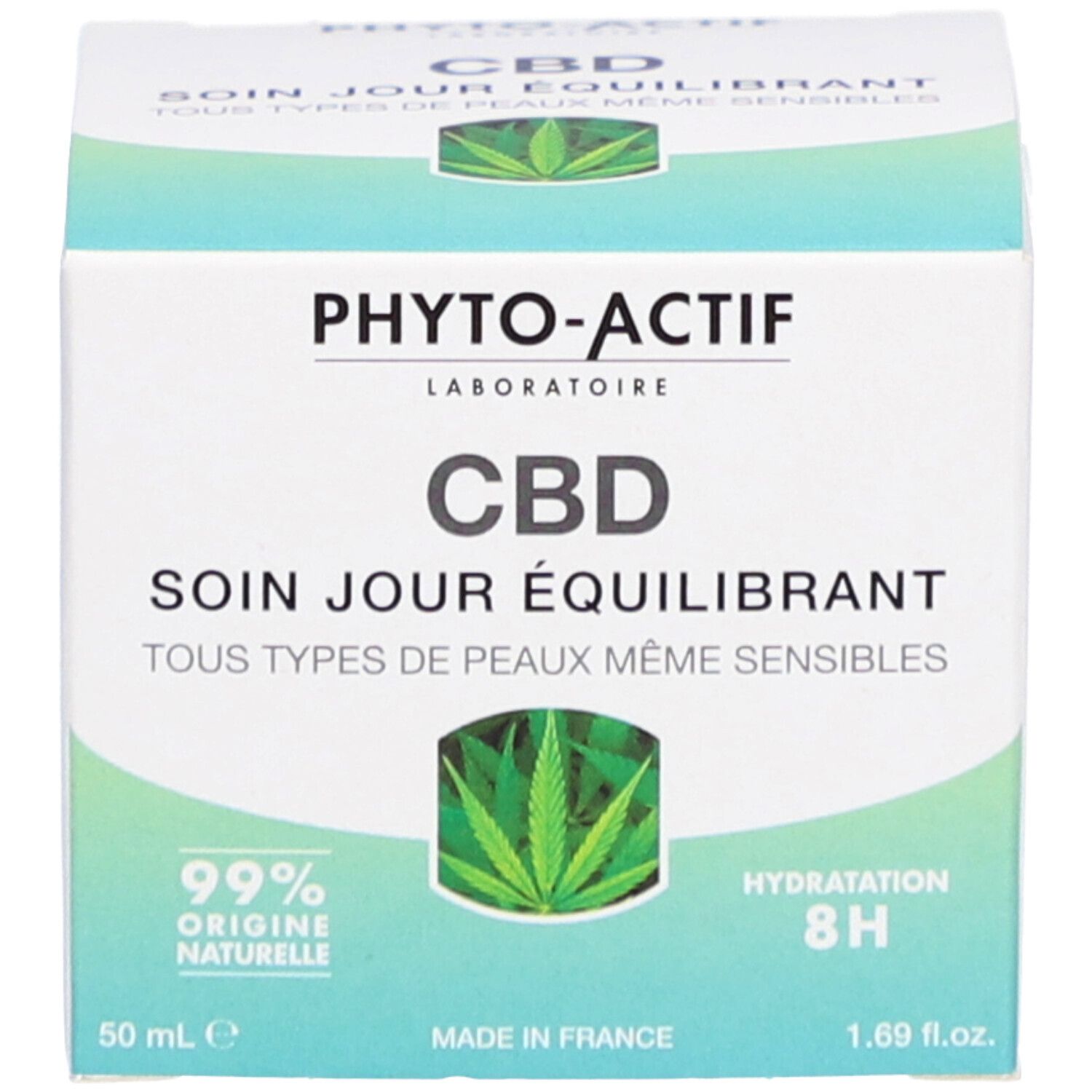Doos. Opschrift: PHYTO-ACTIF CBD Soin Jour Équilibrant, 99% origine naturelle, 1.69 fl.oz, 8H Hydratation, Made in France.