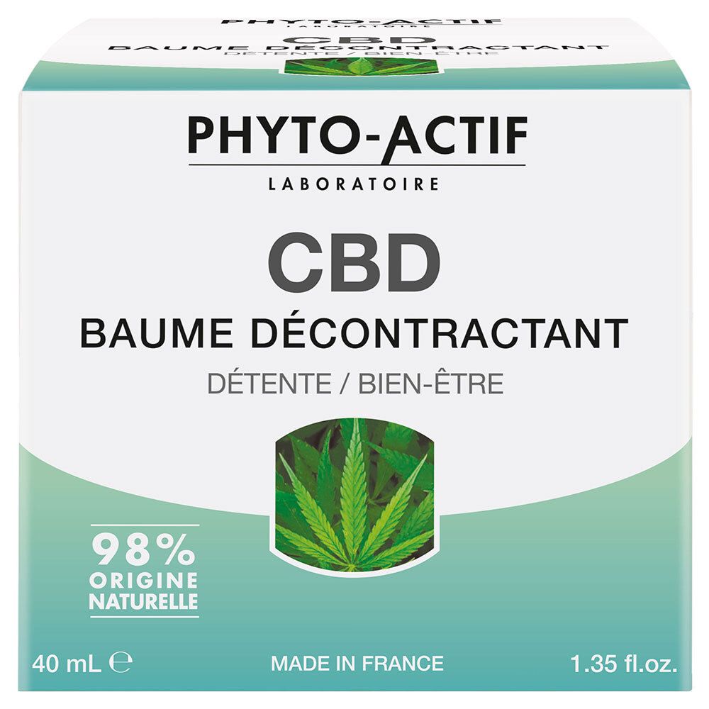 Witte en groene doos met productopdruk. Opschrift: PHYTO-ACTIF, CBD, Baume Décontractant, Détente/Bien-Être. 98% Origine Naturelle.