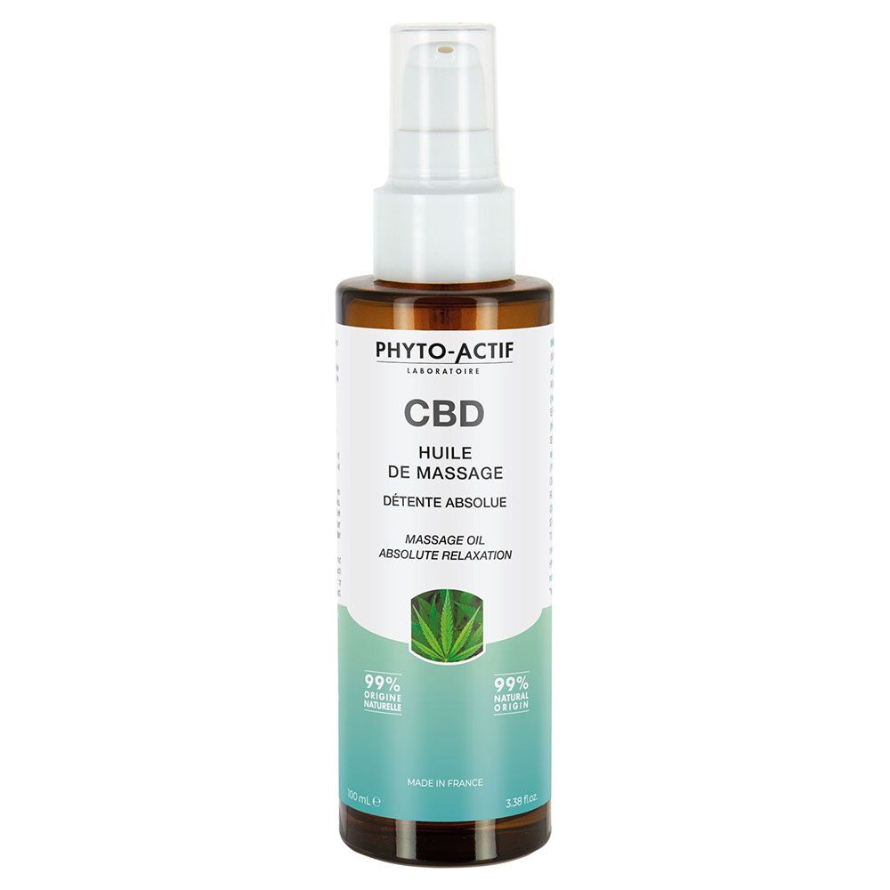 Flacon brun avec vaporisateur blanc. Inscription: PHYTO-ACTIF, CBD, Huile de Massage, Détente absolue. Logo vert.