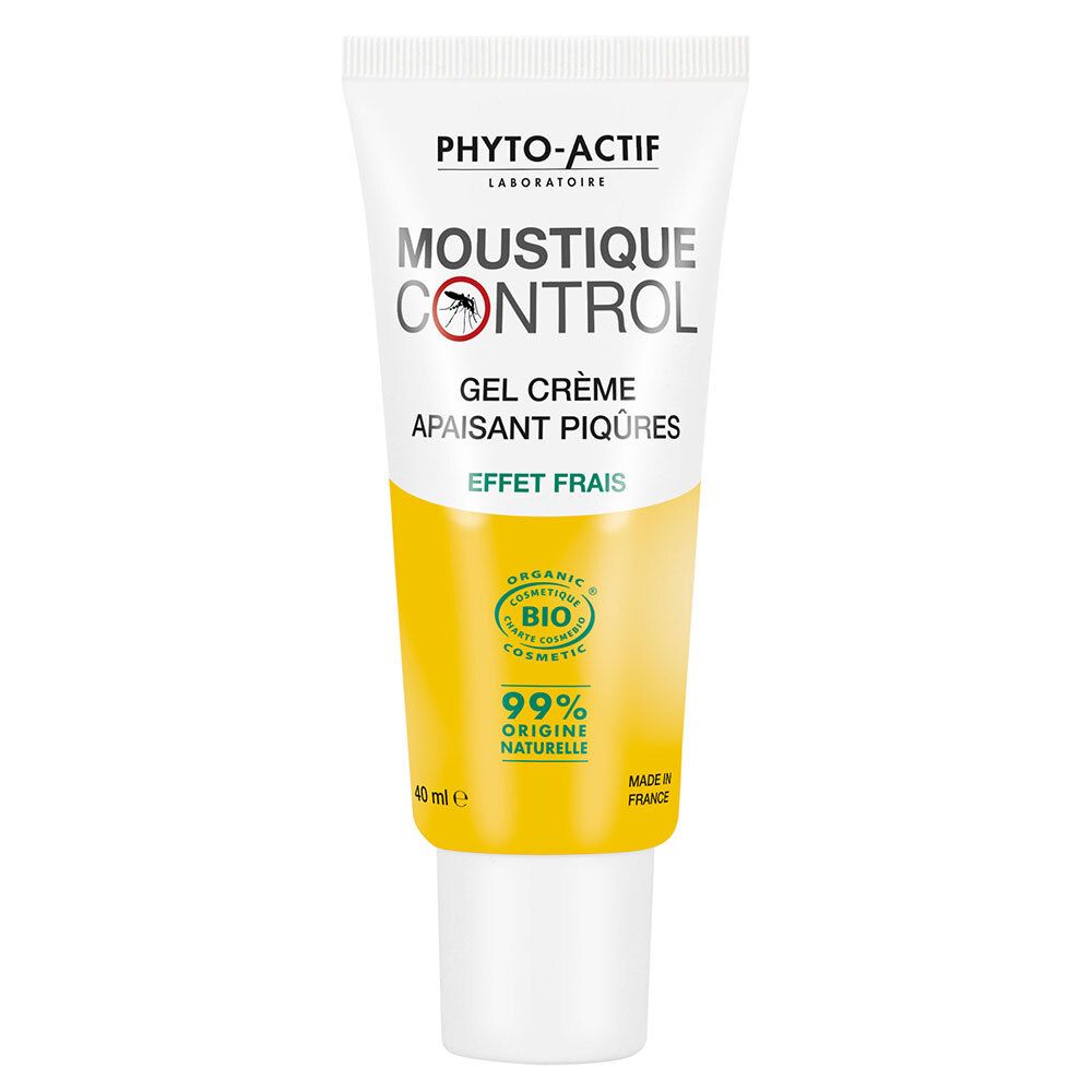 Witte tube met geel etiket. Opschrift: PHYTO-ACTIF, MOUSTIQUE CONTROL, Gel Crème, Apaisant Piqûres, Effet Frais. 40 ml.