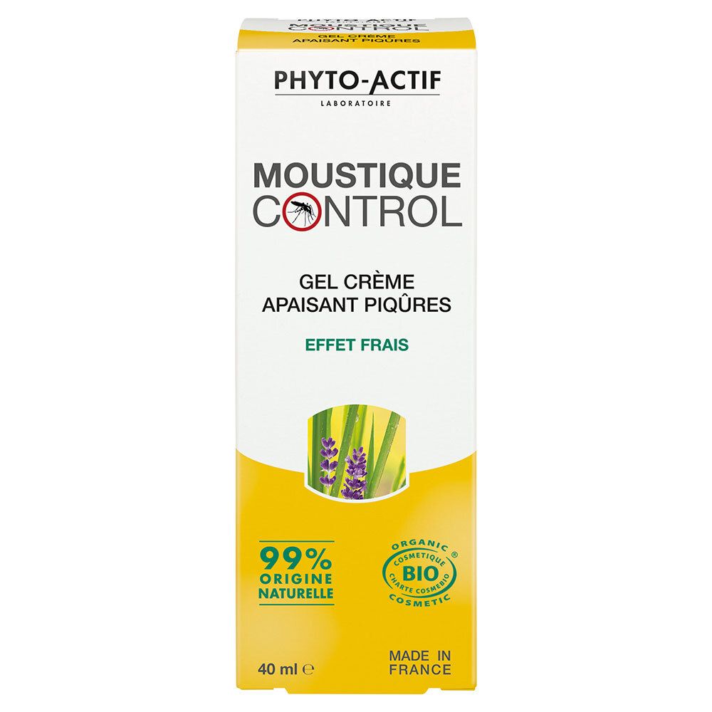 Gele verpakking met witte tekst. Opschrift: PHYTO-ACTIF, MOUSTIQUE CONTROL, Gel Crème, Apaisant Piqûres, Effet Frais. 40 ml. Bio-label.