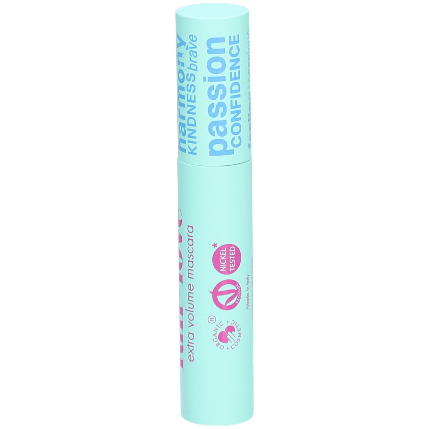 Tube de mascara vert clair avec l'inscription "full love" et "extra volume mascara". Testé au nickel.