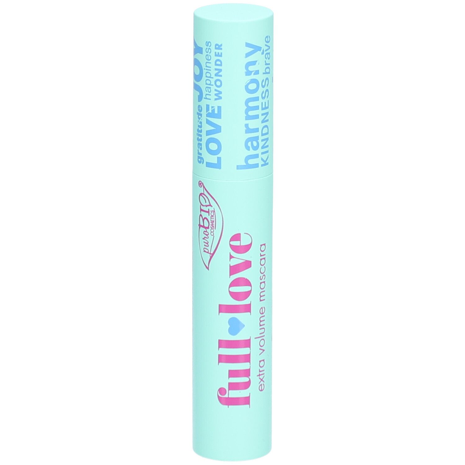 Tube de mascara vert clair avec l'inscription "full love" et "extra volume mascara".