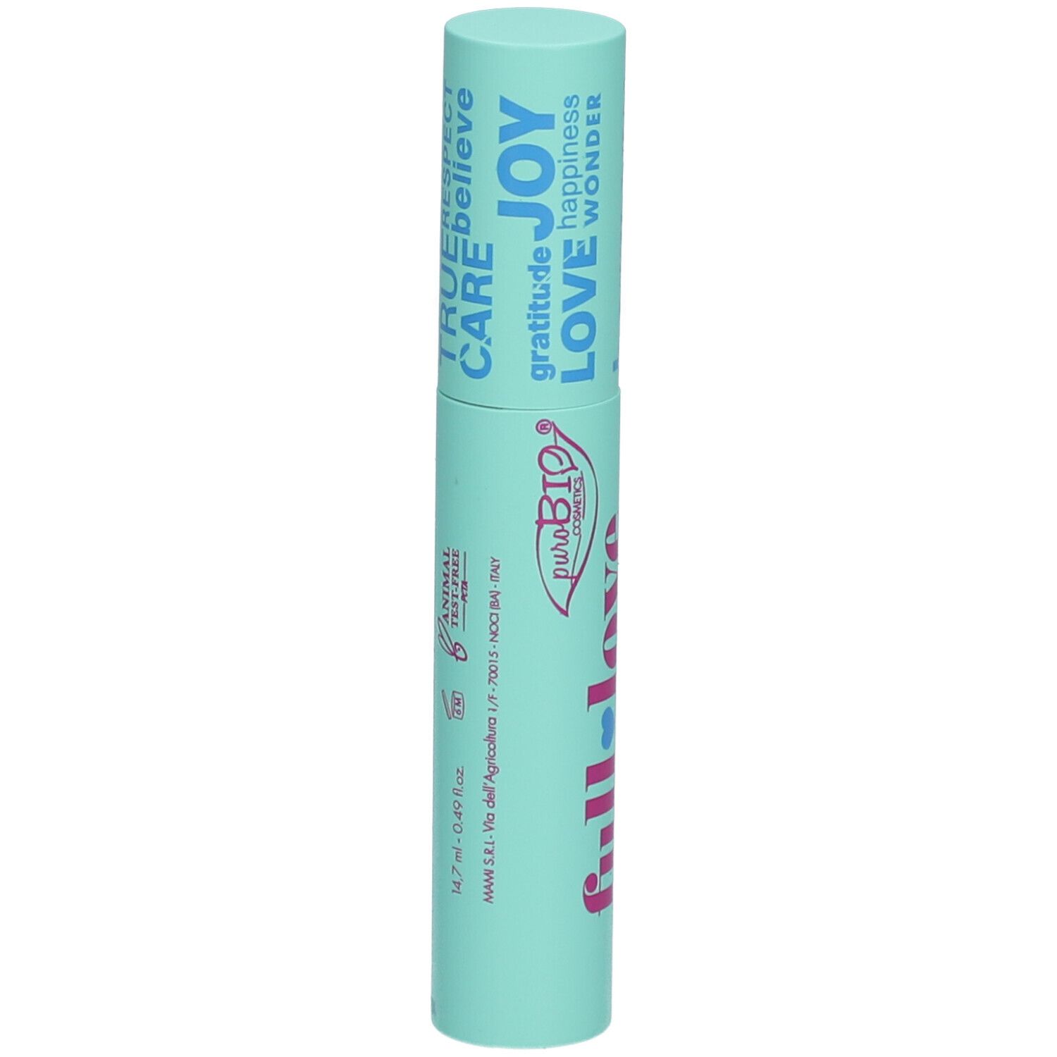 Tube de mascara vert clair avec l'inscription "full love" et "extra volume mascara".
