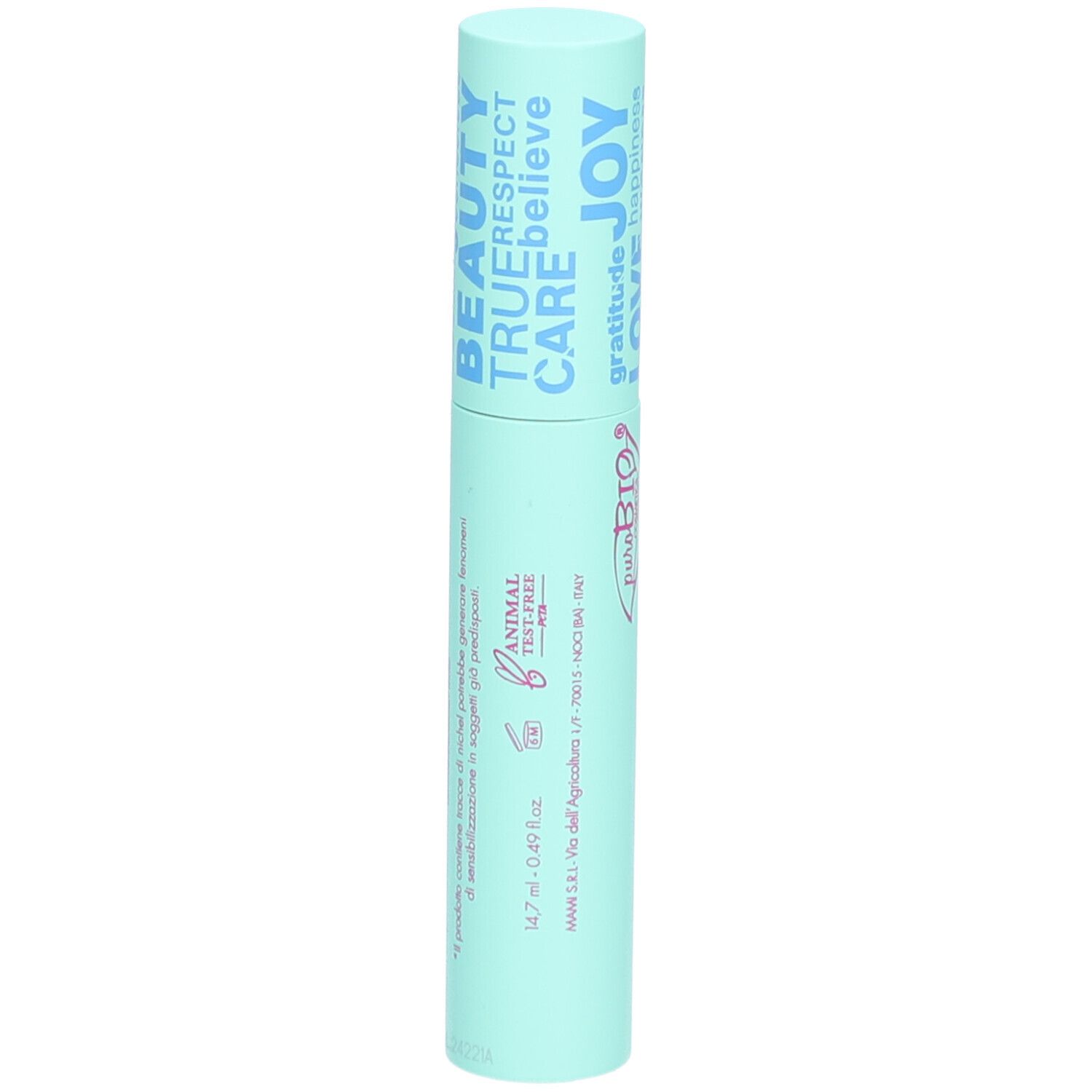 Tube de mascara vert clair avec l'inscription "full love" et "extra volume mascara".