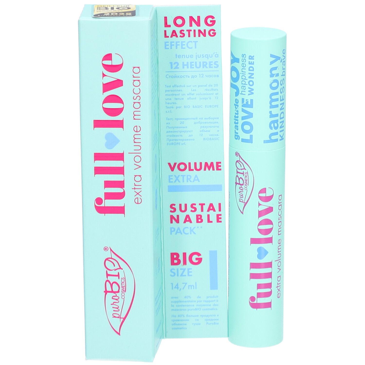 Tube de mascara et emballage. Inscription "full love" et "extra volume mascara".