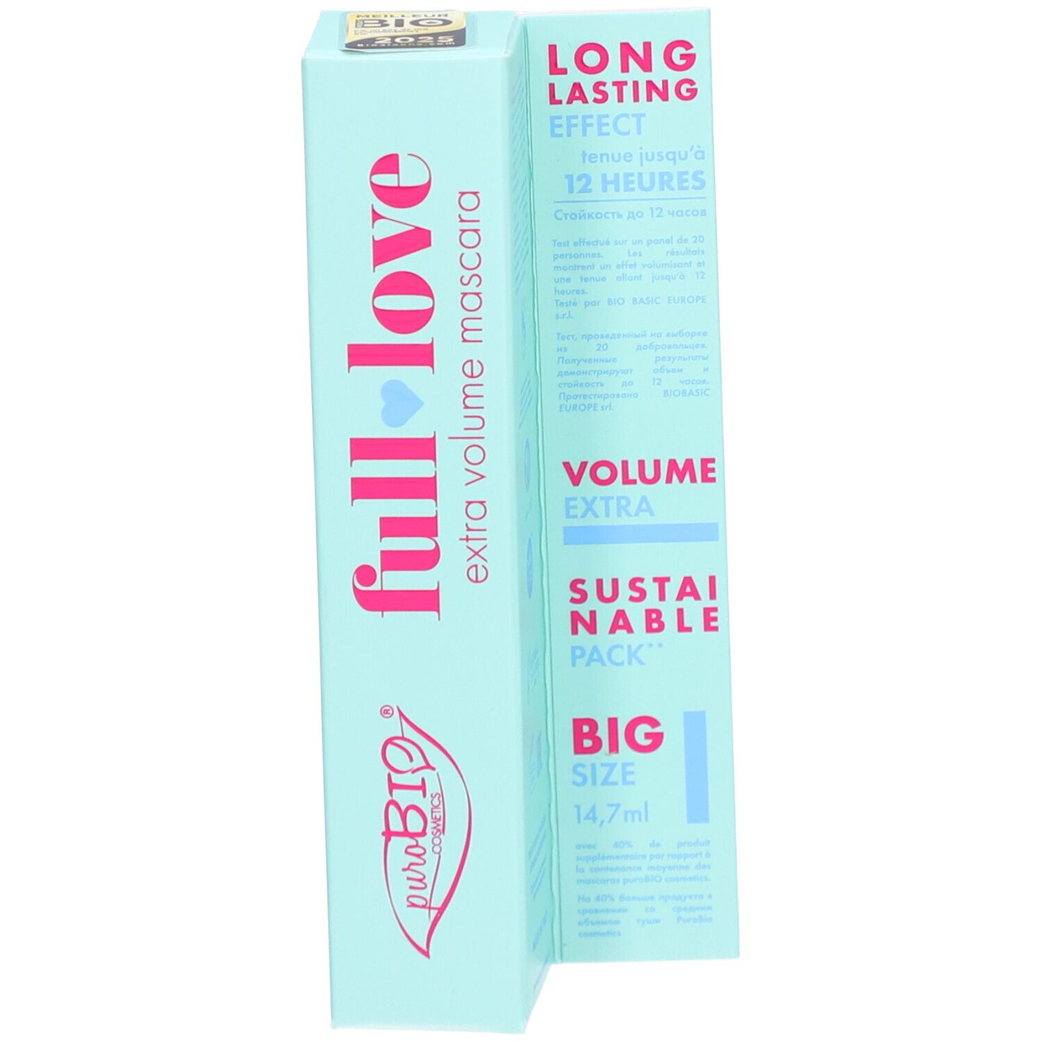 Tube de mascara et emballage. Inscription "full love" et "extra volume mascara".