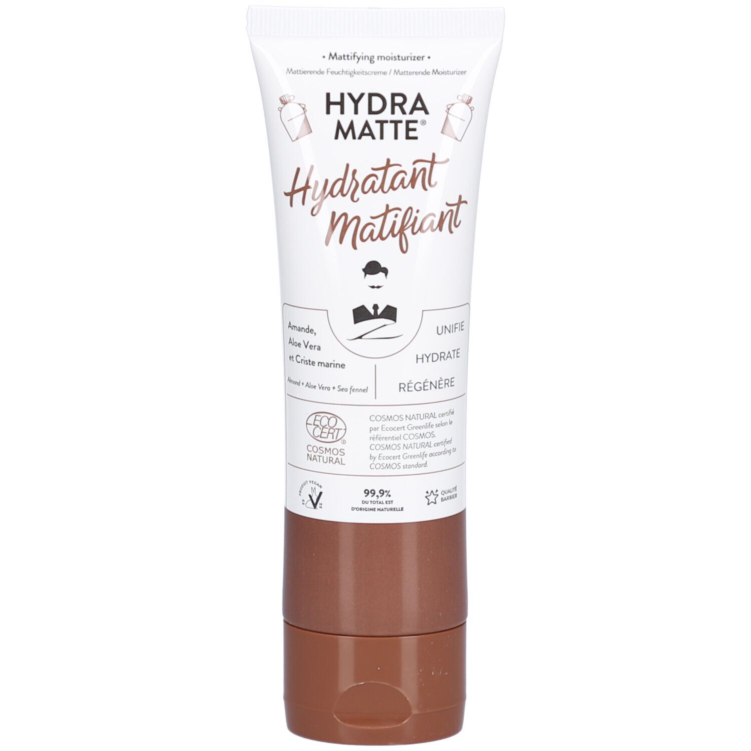 Tube blanc avec bouchon marron. Inscription: Hydra Matte, Hydratant Matifiant. Contient amande, aloe vera et criste marine. Vegan.
