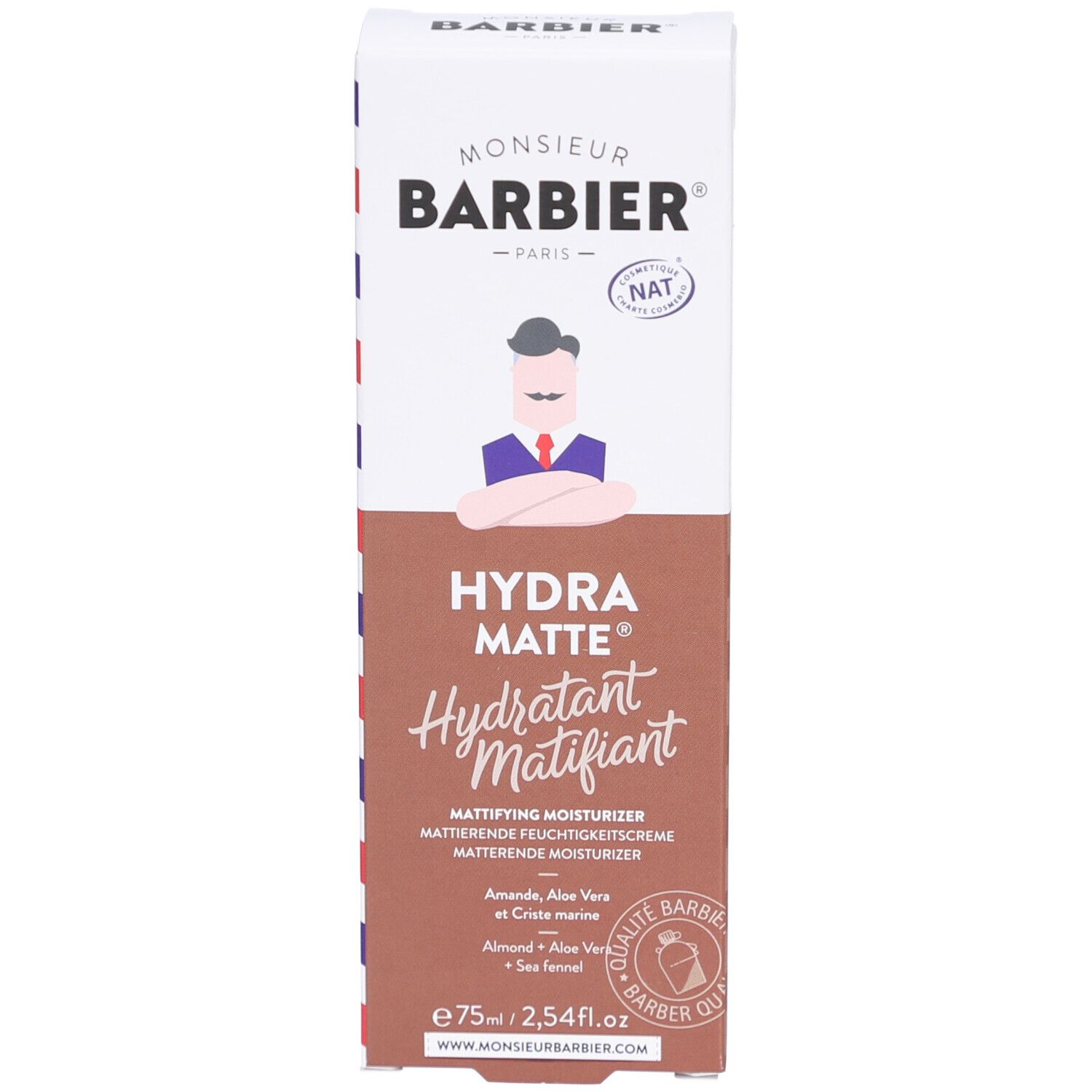 Emballage en carton. Inscription: Hydra Matte, Hydratant Matifiant. Contient amande, aloe vera et criste marine. Marque: Monsieur BARBIER.