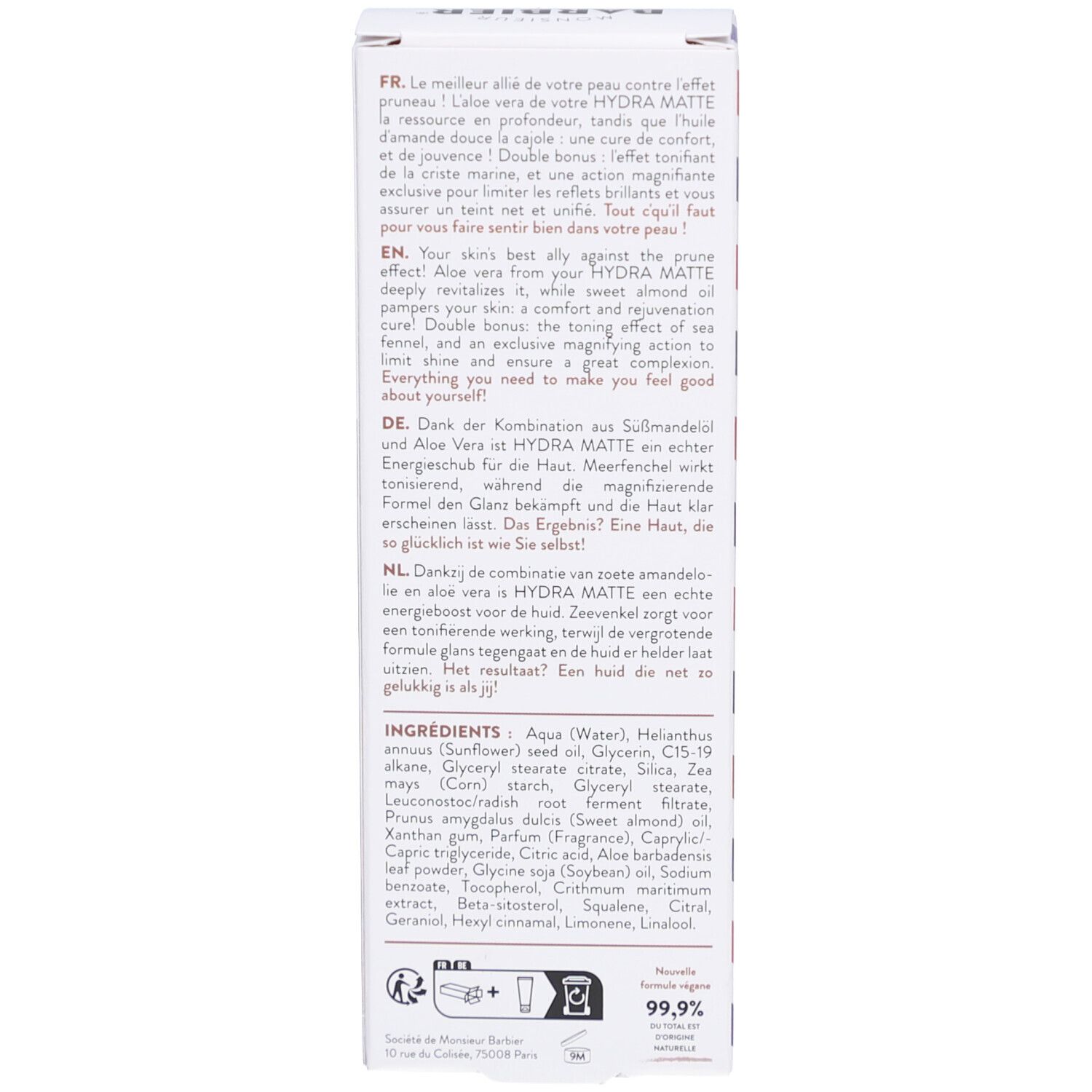 Dos de l'emballage en carton. Texte en plusieurs langues. Contient des informations sur les ingrédients et l'utilisation. Label vegan.