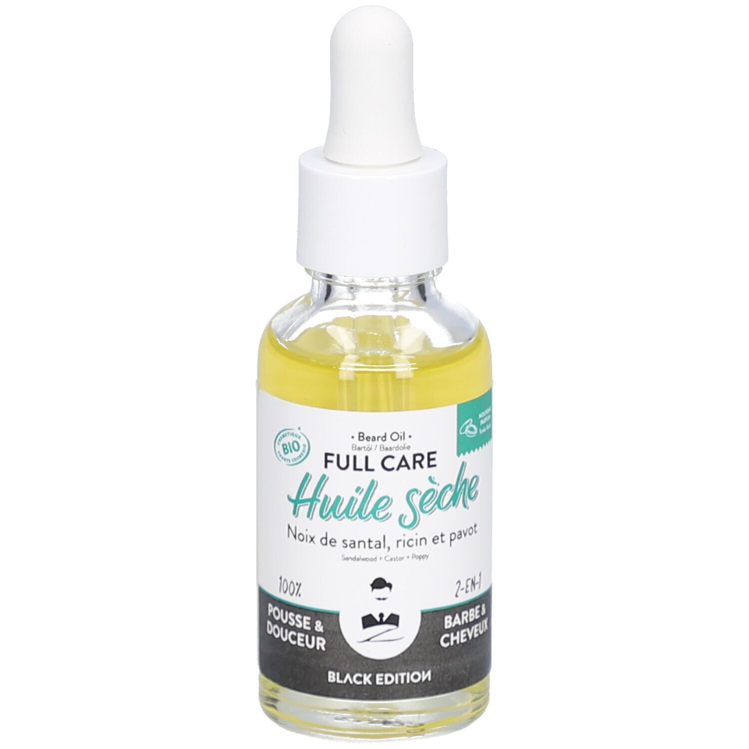 Flacon en verre avec huile jaune et pipette. Étiquette noire avec nom du produit et label bio.