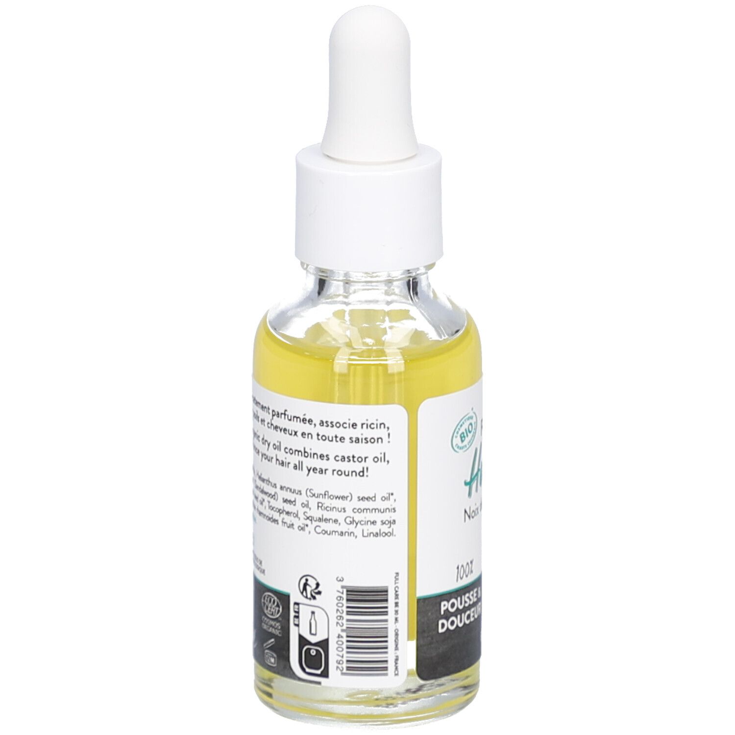 Flacon en verre avec huile jaune et pipette. Étiquette avec informations et label bio.