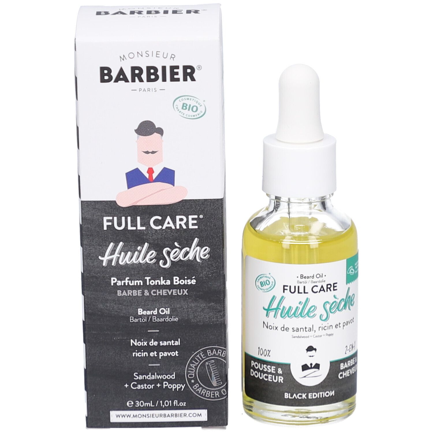 Flacon et emballage du produit. Flacon avec huile jaune et pipette. Emballage avec logo et nom du produit.