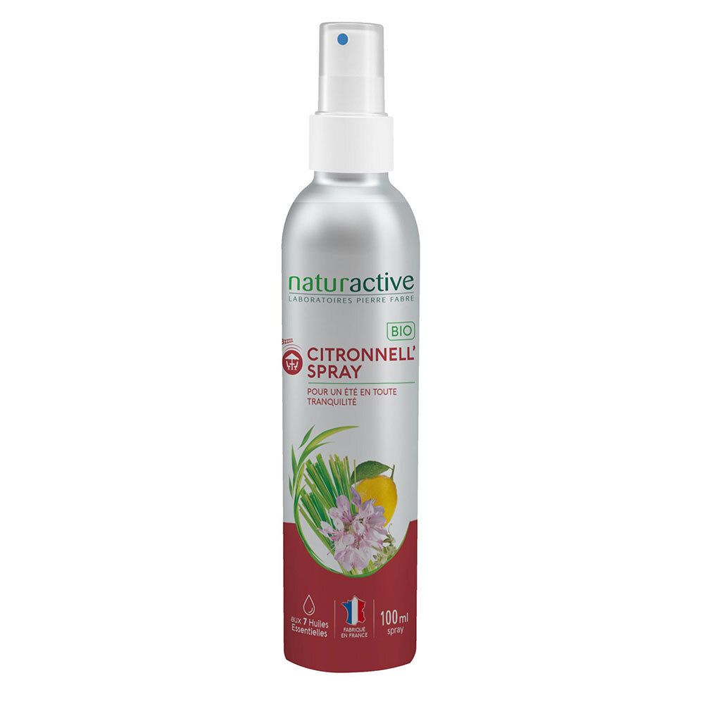 Cilindrische spuitfles. Naturactive Citronnell' Spray Bio. Rode en zilveren achtergrond. 7 essentiële oliën.