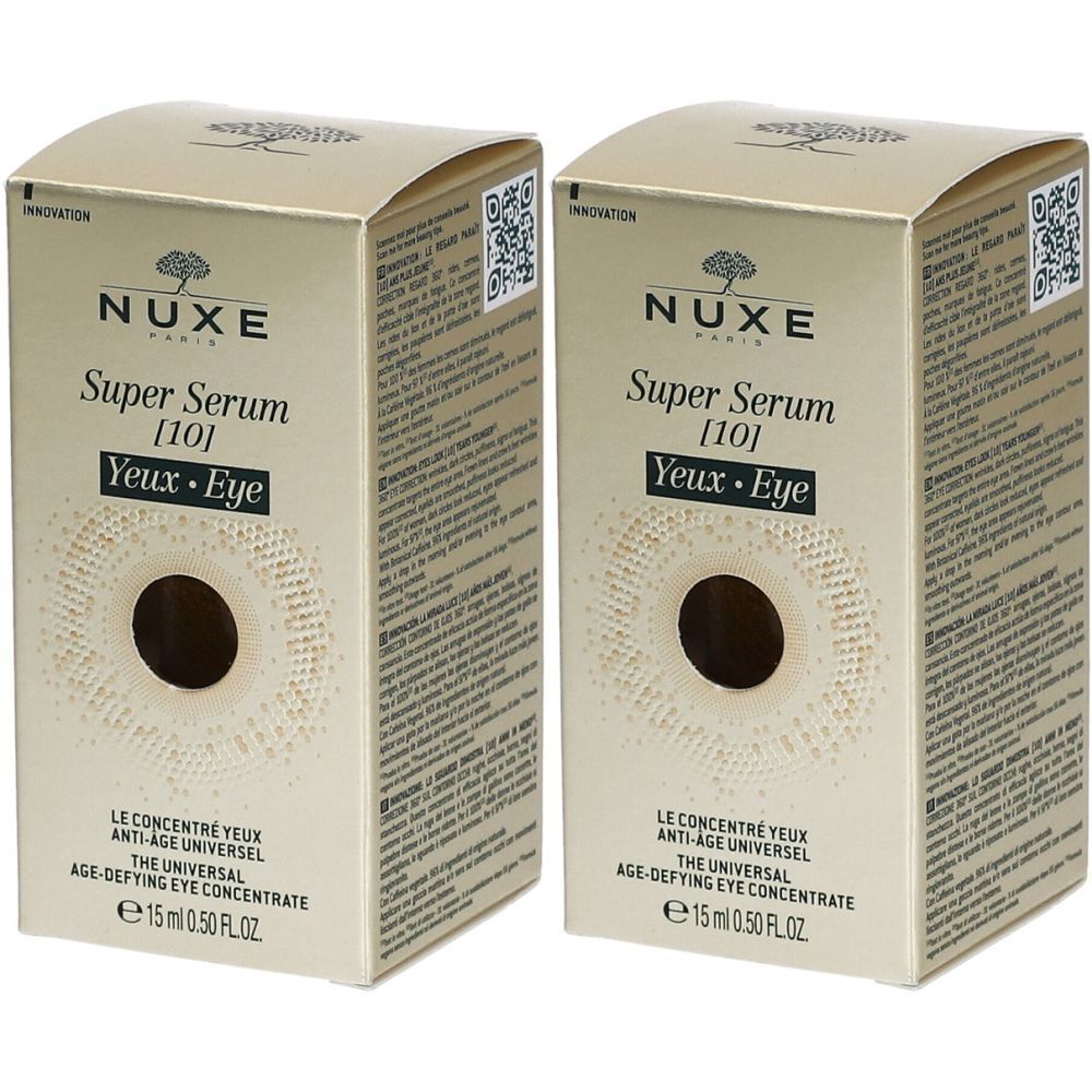 Deux boîtes de NUXE Super Serum [10] Yeux. Inscription : Le concentré yeux anti-âge universel. E 15 ml 0.50 FL.OZ.