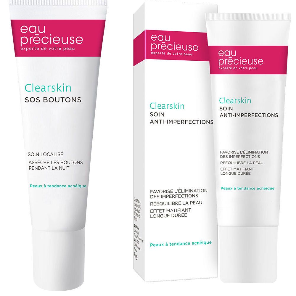 Twee tubes en een doos. Opschriften: Clearskin SOS BOUTONS en Clearskin SOIN ANTI-IMPERFECTIONS. Merk: Eau Précieuse.