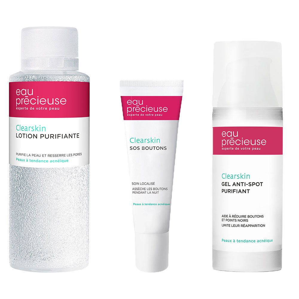 Trois produits Eau Précieuse : Lotion, SOS Boutons et Gel Anti-Spot. Flacons et tubes blancs avec étiquettes roses et blanches.