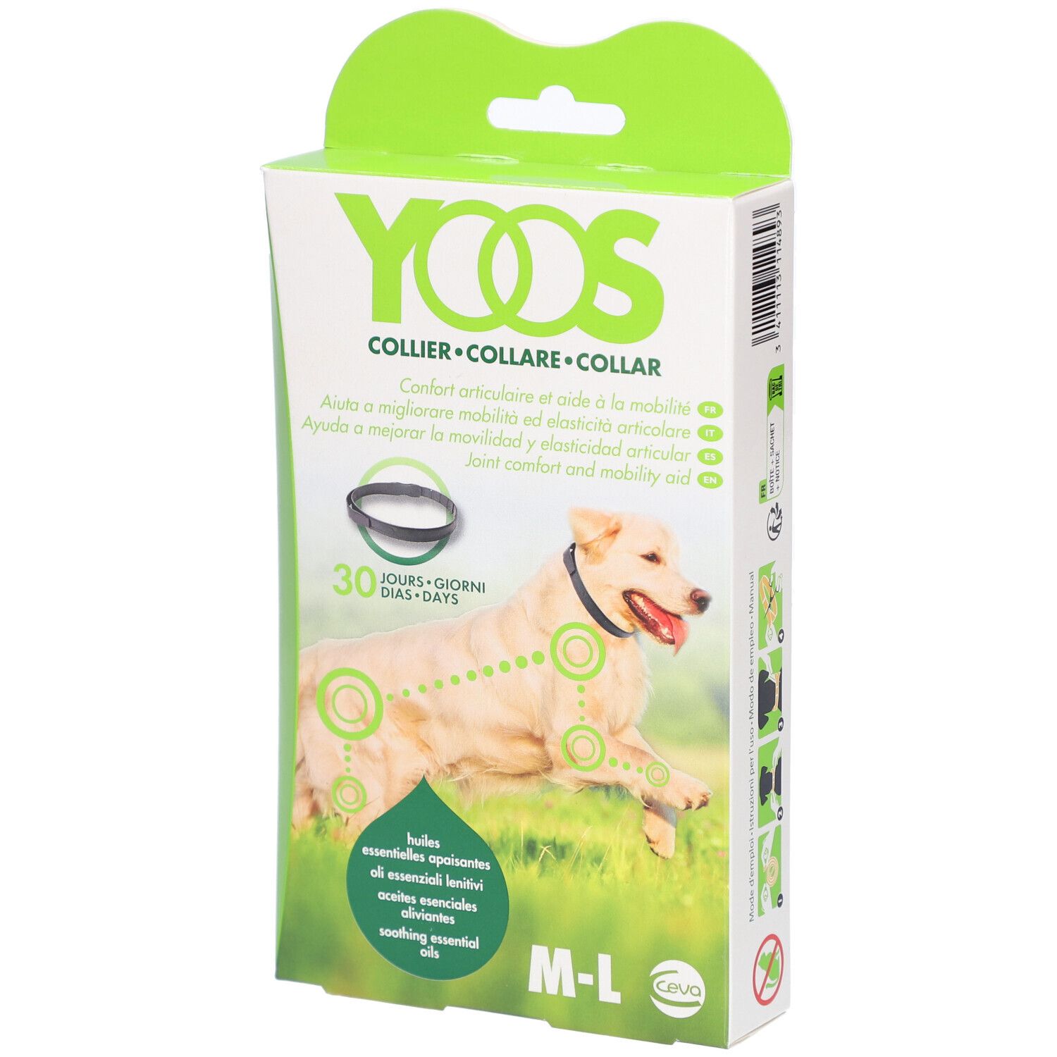 Verpakking YOOS hondenhalsband. Wit, groen. Hond met halsband afgebeeld. Tekst: COLLIER, 30 dagen, M-L.
