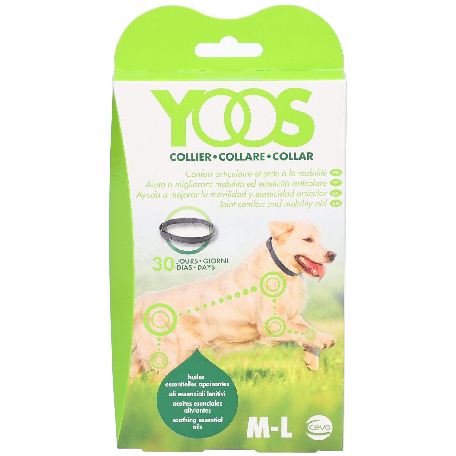 Verpakking YOOS hondenhalsband. Wit, groen. Hond met halsband afgebeeld. Tekst: COLLIER, 30 dagen, M-L.