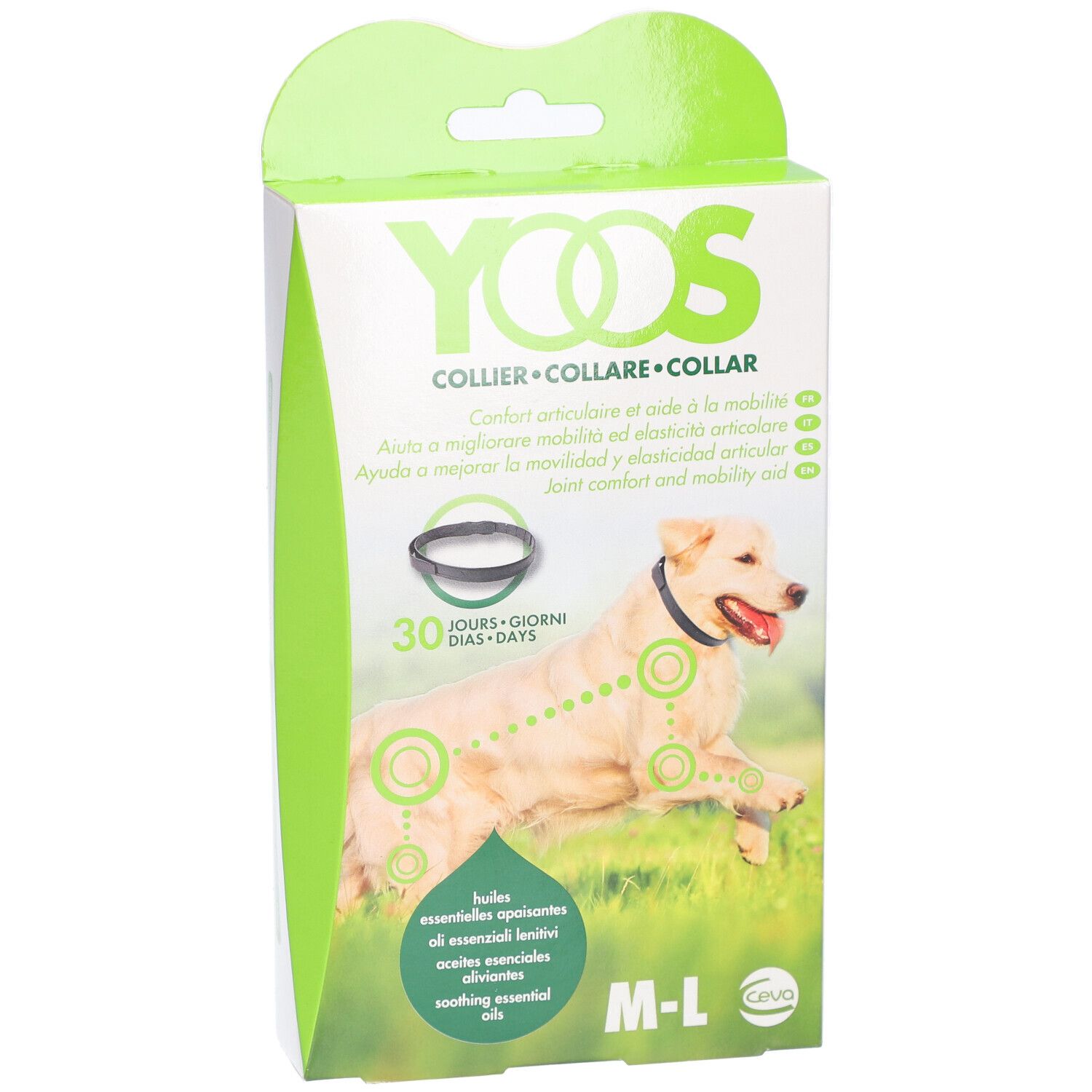 Verpakking YOOS hondenhalsband. Wit, groen. Hond met halsband afgebeeld. Tekst: COLLIER, 30 dagen, M-L.