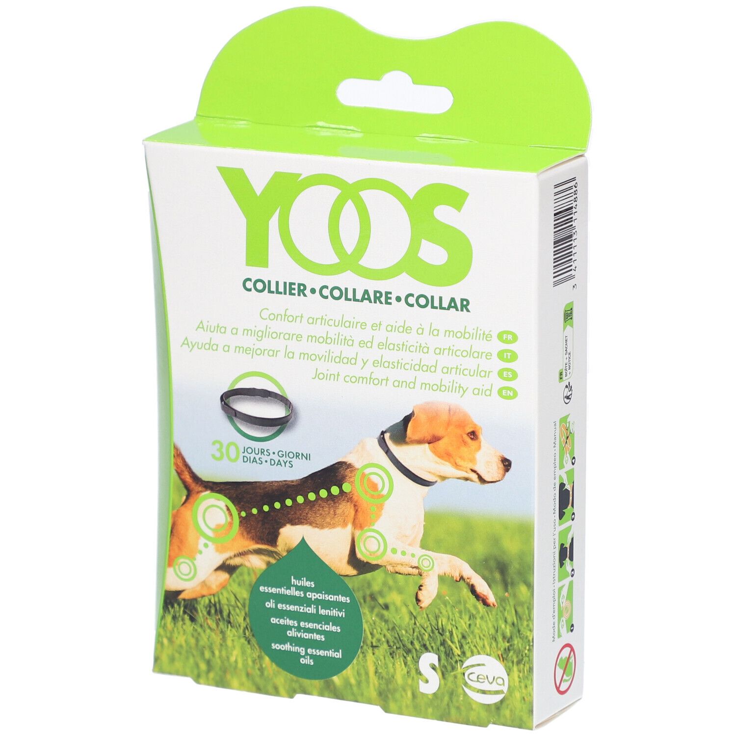 Verpakking van Ceva® YOOS halsband maat S. Afbeelding van hond met halsband. Bevat essentiële oliën.