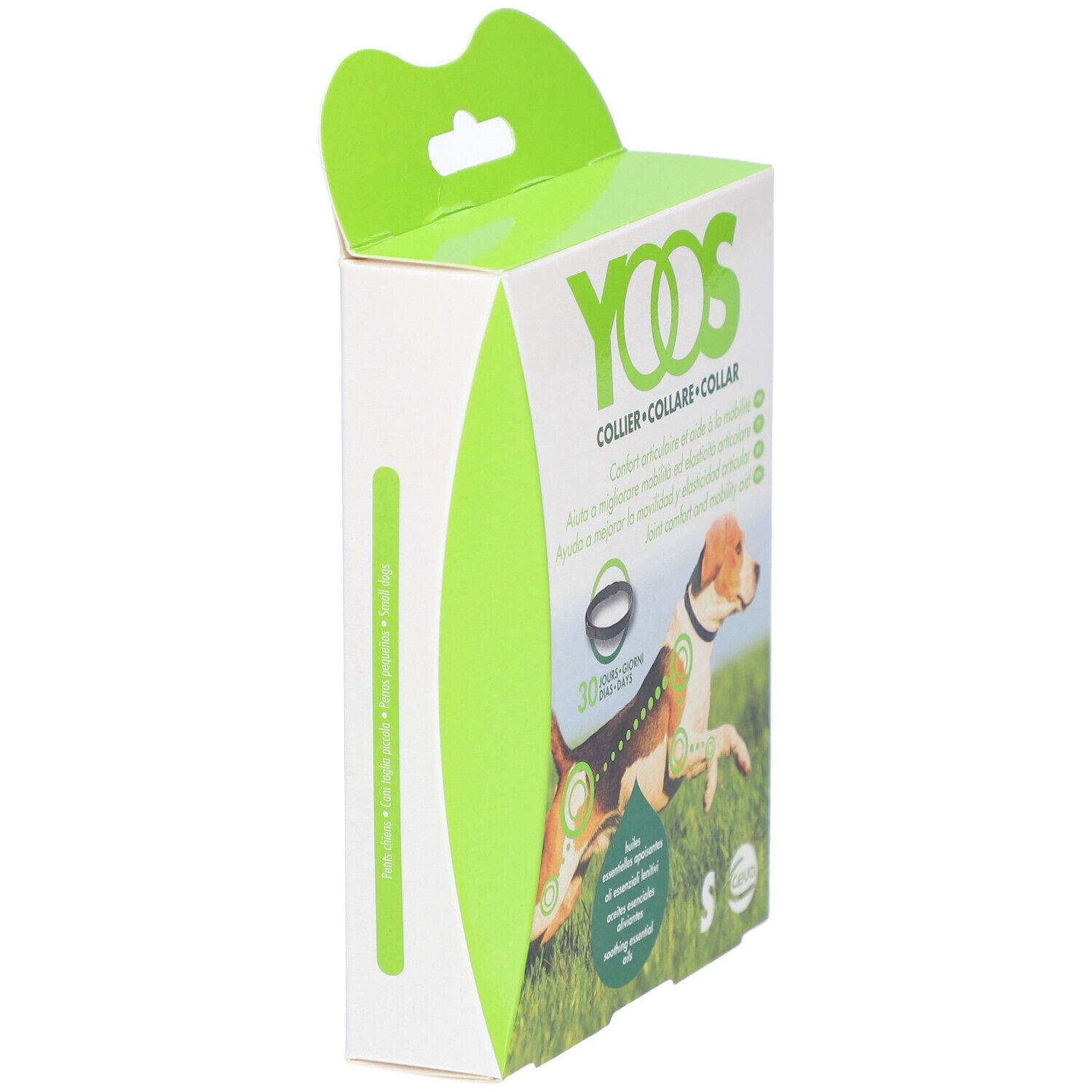 Verpakking van Ceva® YOOS halsband. Zijaanzicht. Afbeelding van hond met halsband. Bevat essentiële oliën.